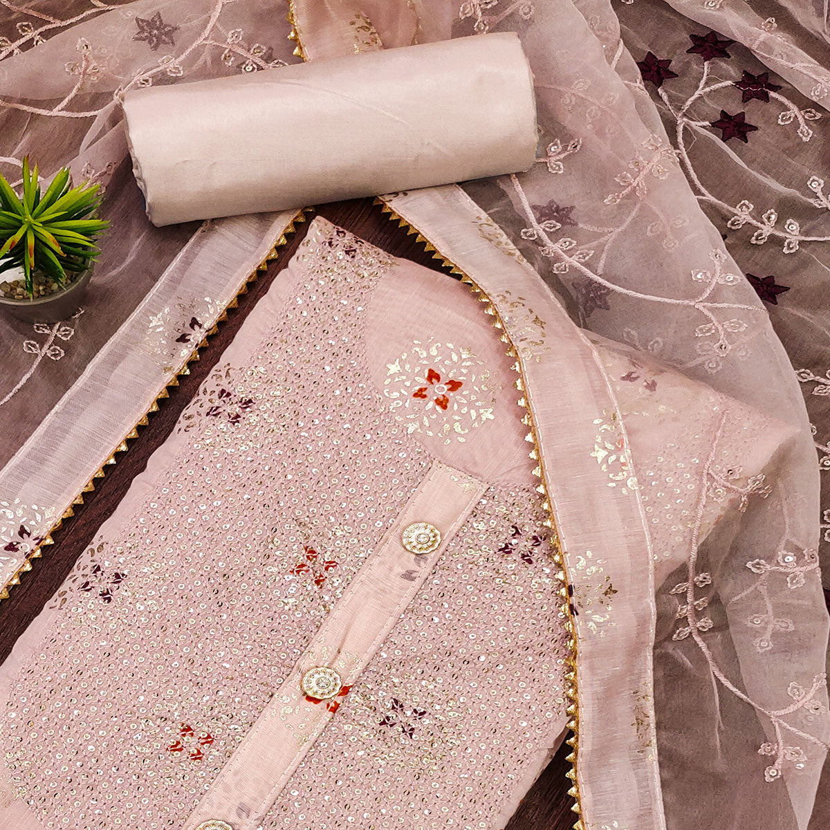 Peachmode Mauve Floral Foil Printed Chanderi Dress Material - view 2