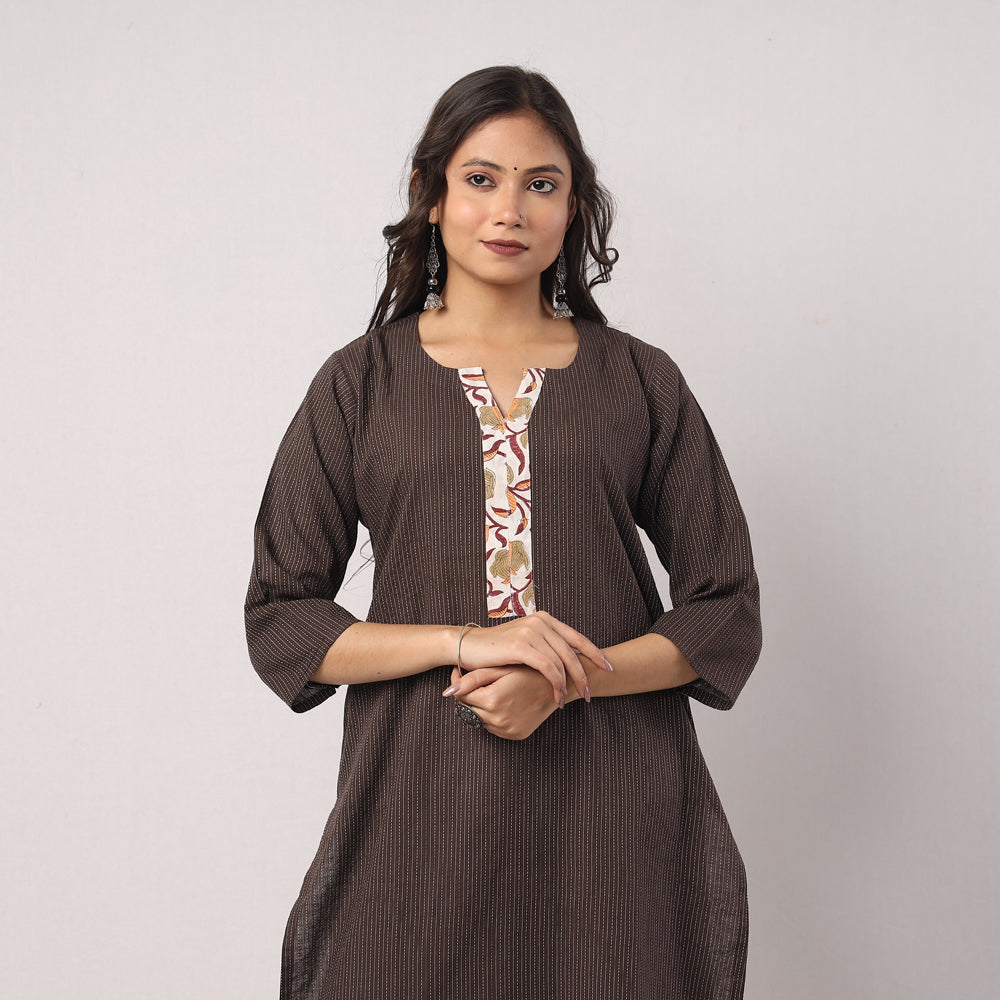 ITOKRI CASUALS Brown - Running Stitch Pure Cotton Long Kurta