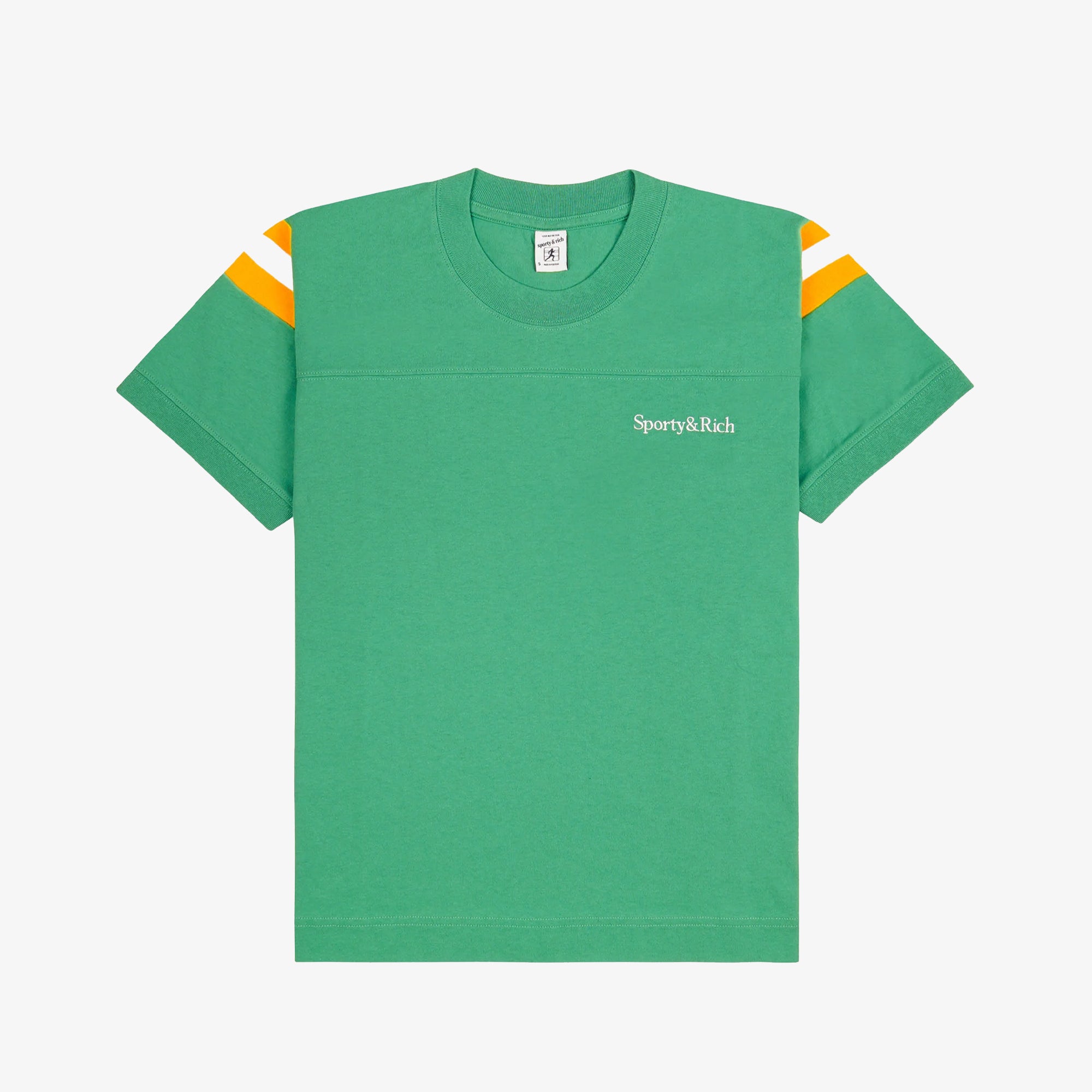 Sporty & Rich | Serif Logo Football Tee { Verde/white