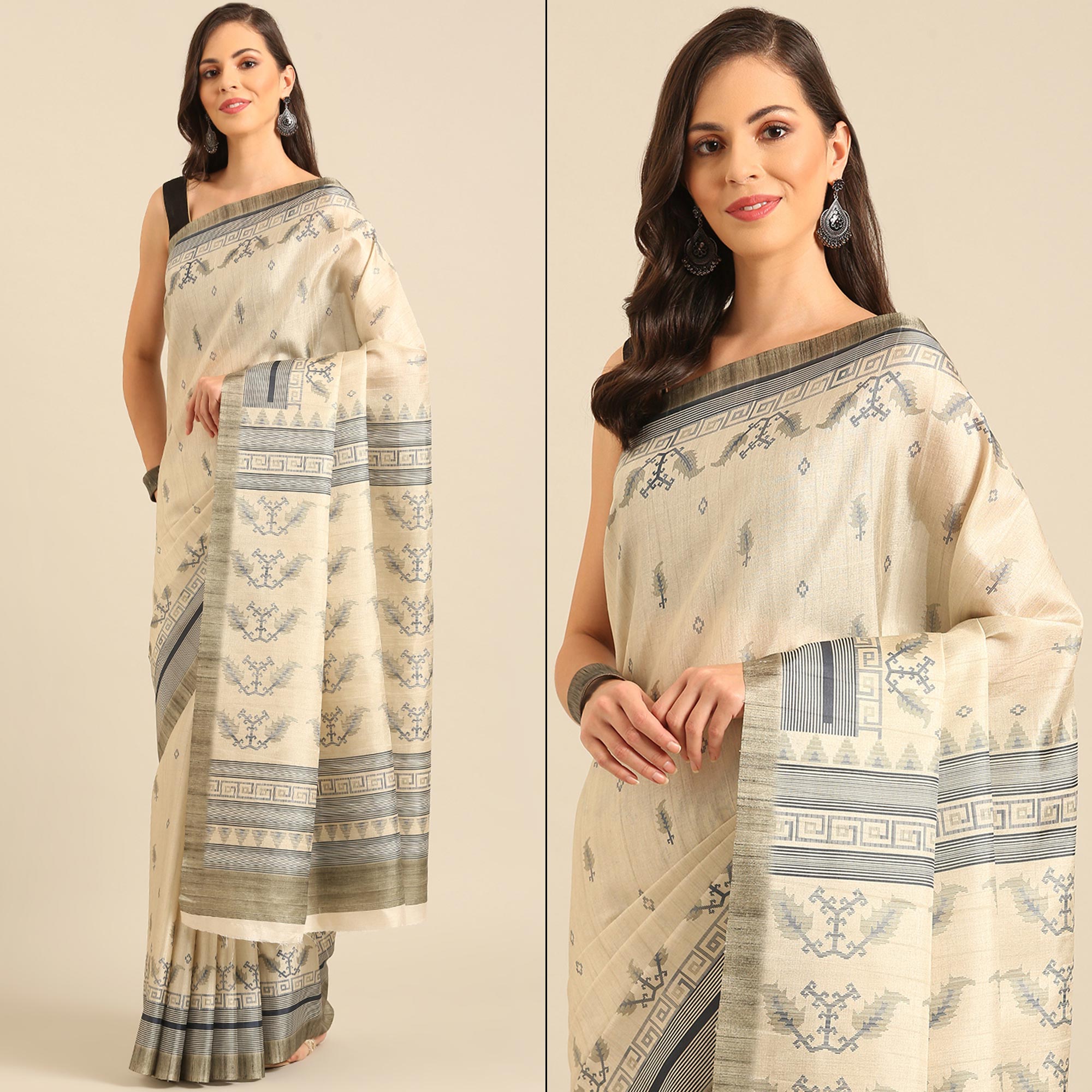 Peachmode Cream Digital Print Cotton Blend Saree
