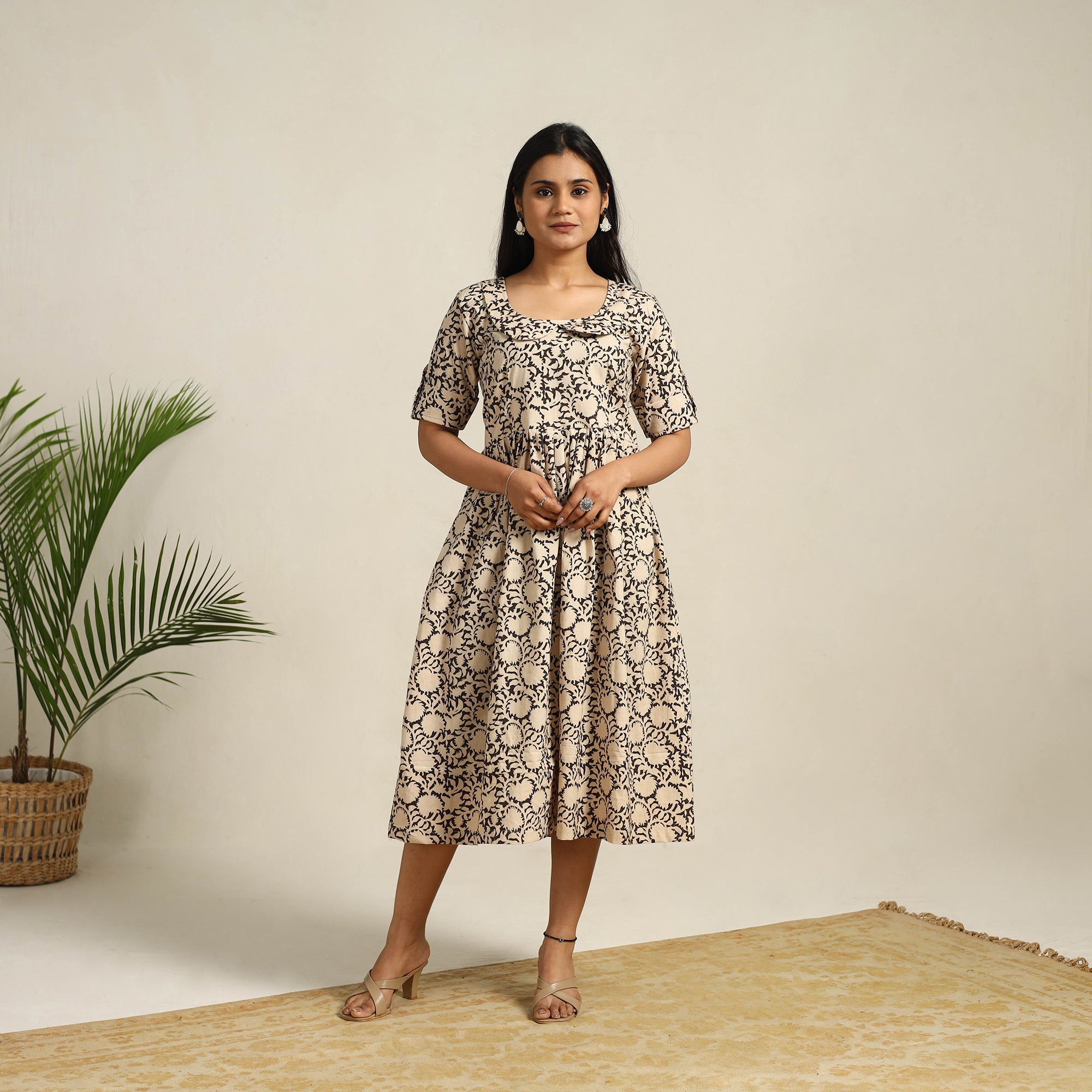 ITOKRI CASUALS Beige - Pedana Block Print Cotton Flared Kalamkari Dress 09 - view 2