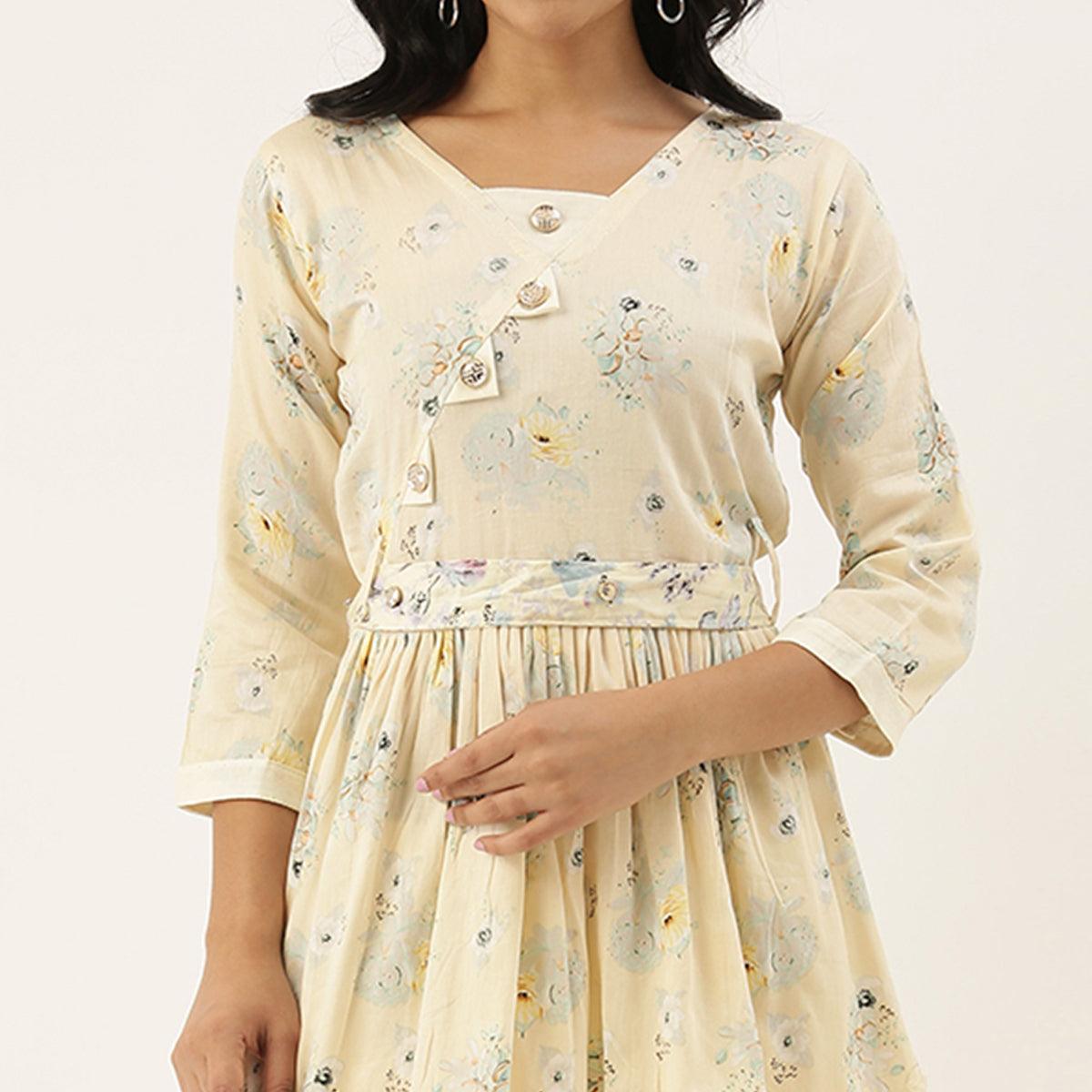 Peachmode Seller Cream Casual Wear Printed Pure Cotton Kurti With Dhoti Set - view 5