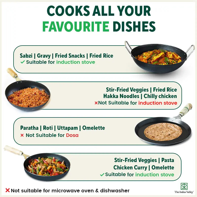 The Indus Valley 100% Pure Iron Cookware Set: Free ₹799 Kadai+ Tawa+ Fry Pan+ Wok, Toxin-free Sheet Iron, Pre-seasoned, Induction & Gas, Kitchen Set f - view 11