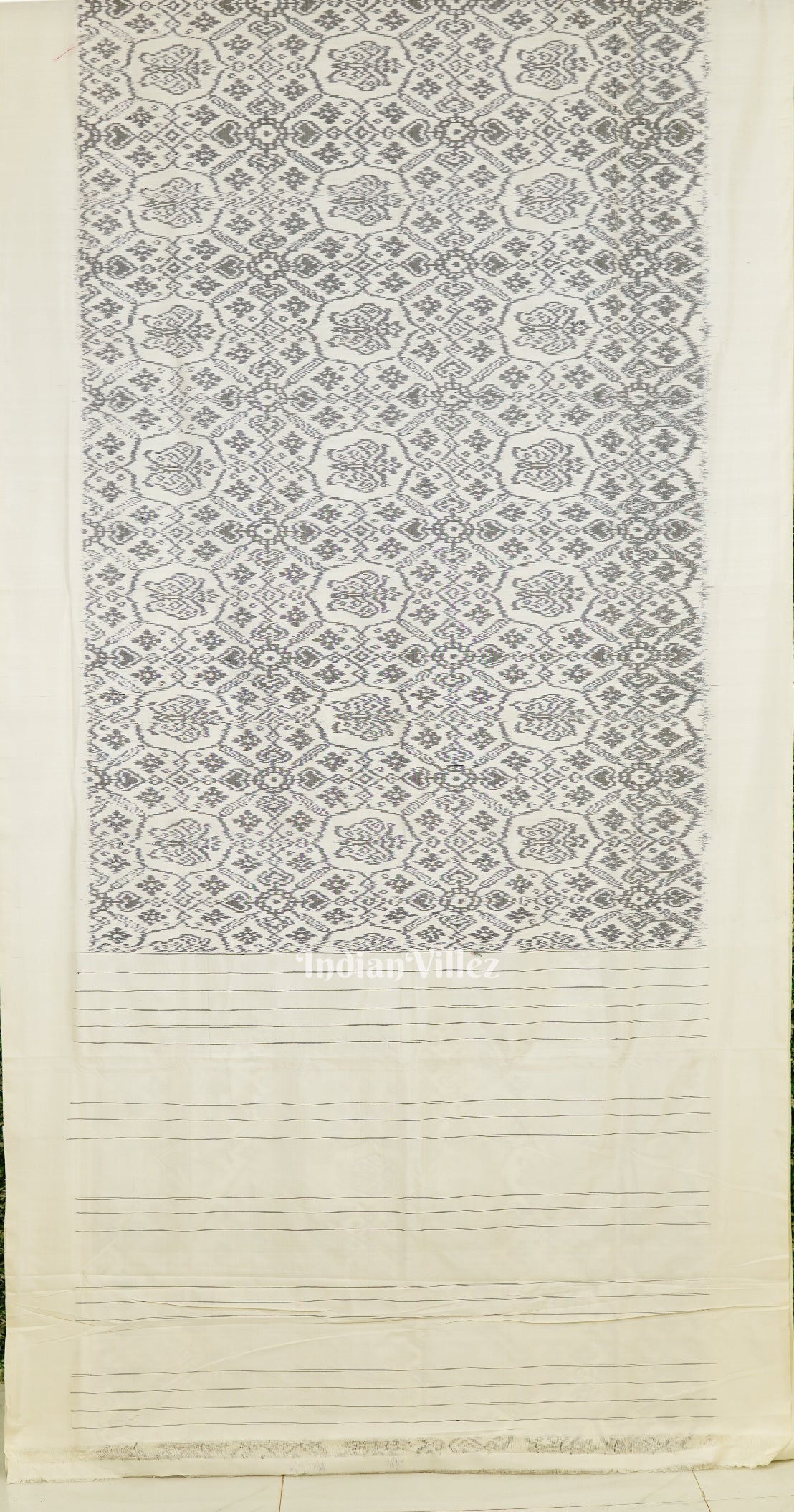 IndianVillèz White Black Printed Pochampally Ikat Silk Saree