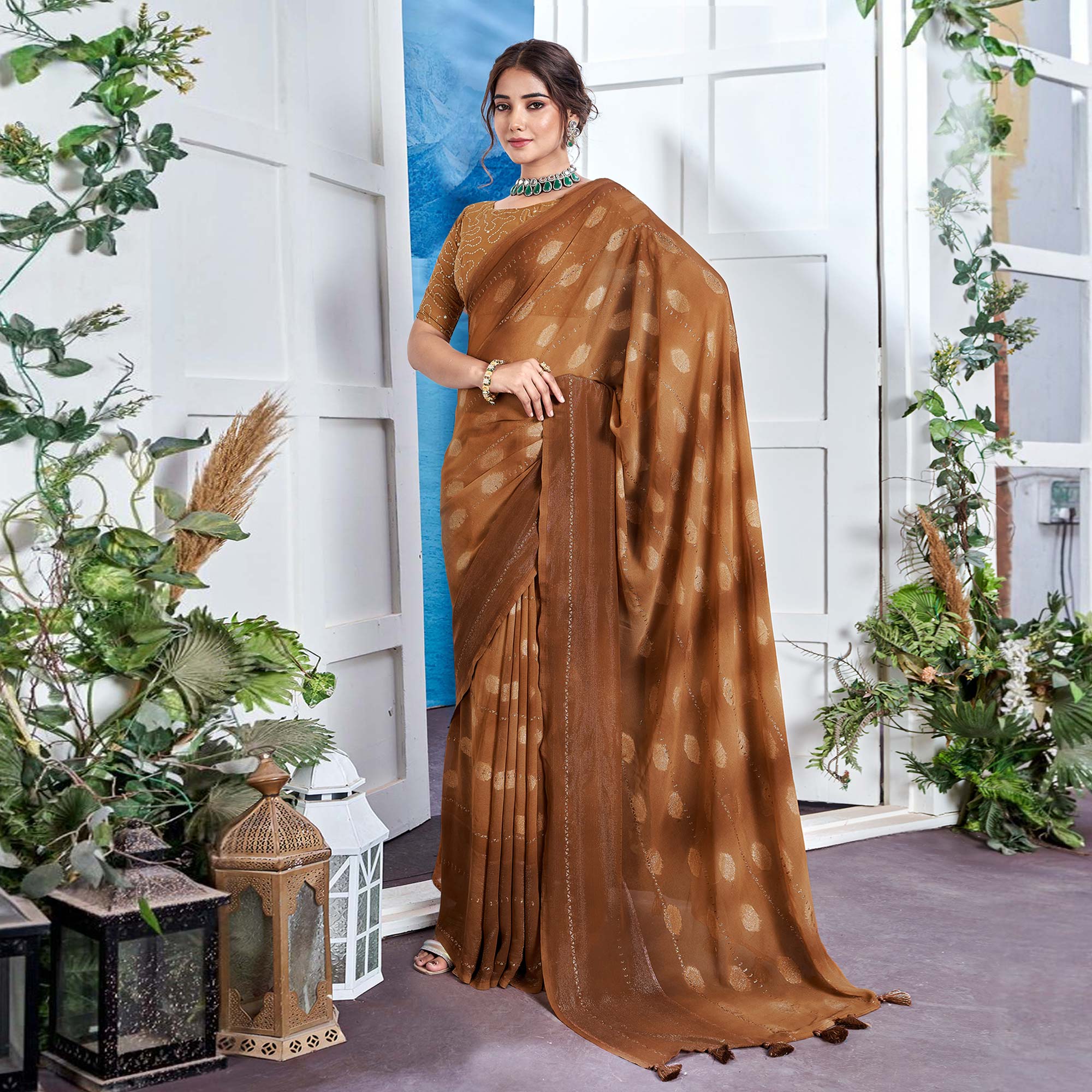 Peachmode Brown Woven Fancy Fabric Saree With Tassels