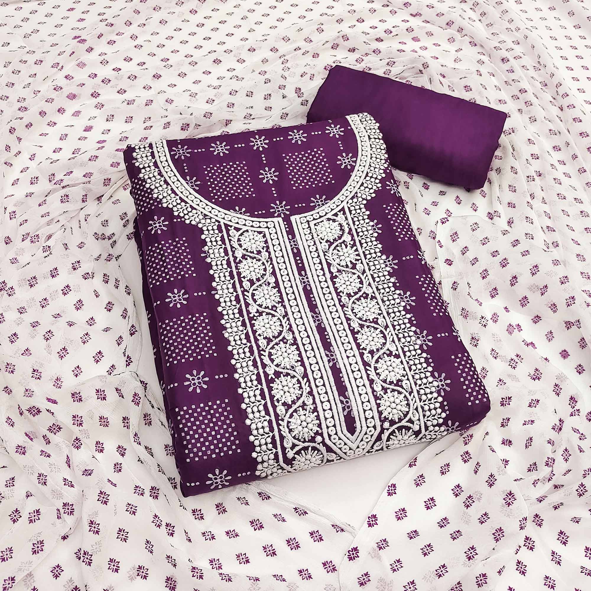 Peachmode Purple Printed Rayon Dress Material