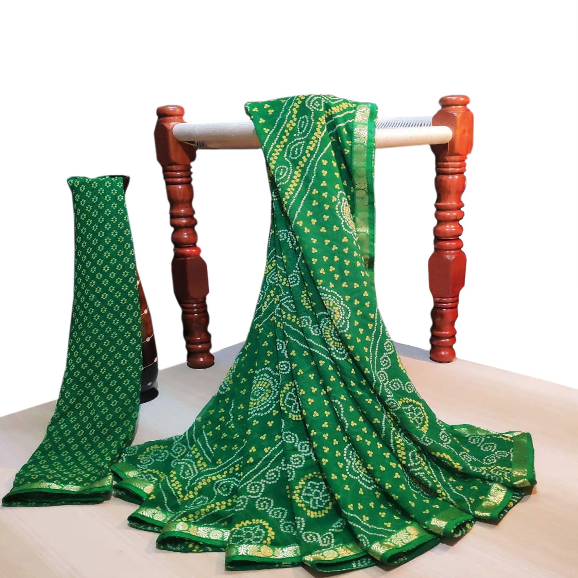 Peachmode Jazzy Green Colored Casual Wear Bandhani Printed Georgette Saree