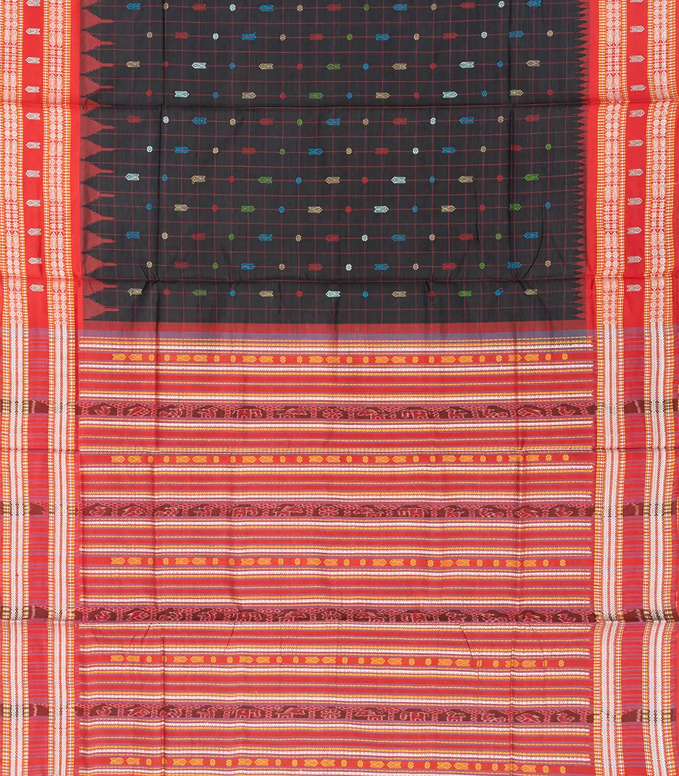 RmKV Black Handloom Orissa Silk Saree With Checks & Contrast Red Border-Black - view 2