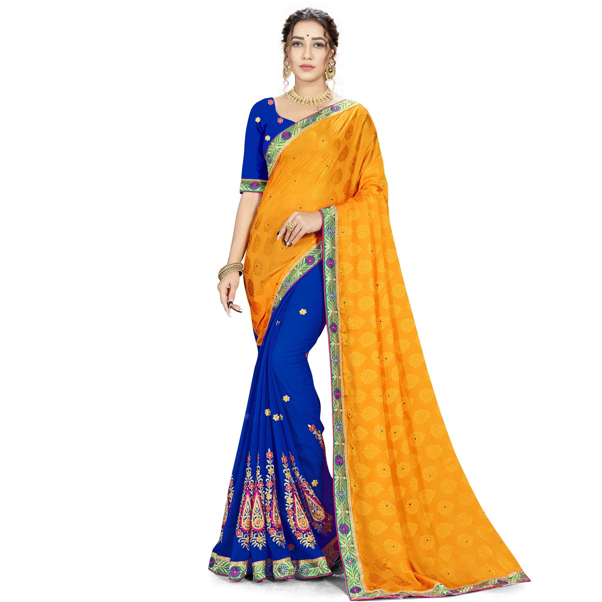Peachmode Breathtaking Orange-Navy Blue Colored party Wear Embroidered Georgette Half-Half Saree