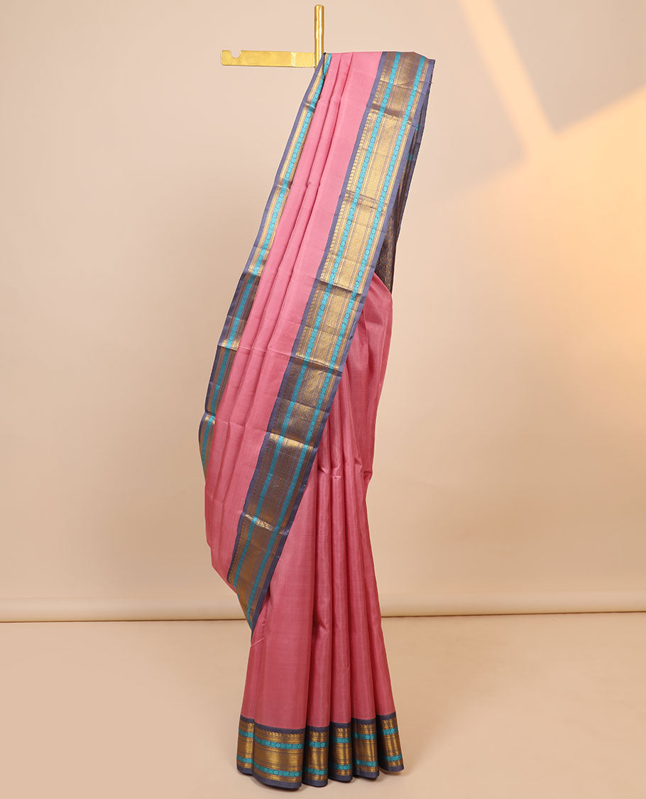 Pothys Pink Kanchipuram silksaree,contrast intricate pallu & korvai border of vanki manga,muthu,kathir,mayil,lavangam,kuyil kan
