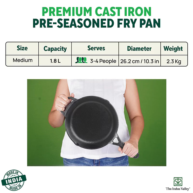 The Indus Valley CASTrong Cast Iron Fry Pan/Skillet + Free ₹110 Spatula, Pre-seasoned, Nonstick, 100% Pure, Toxin-free, Induction, 25.4cm, 1.7L, 2.3kg - view 3