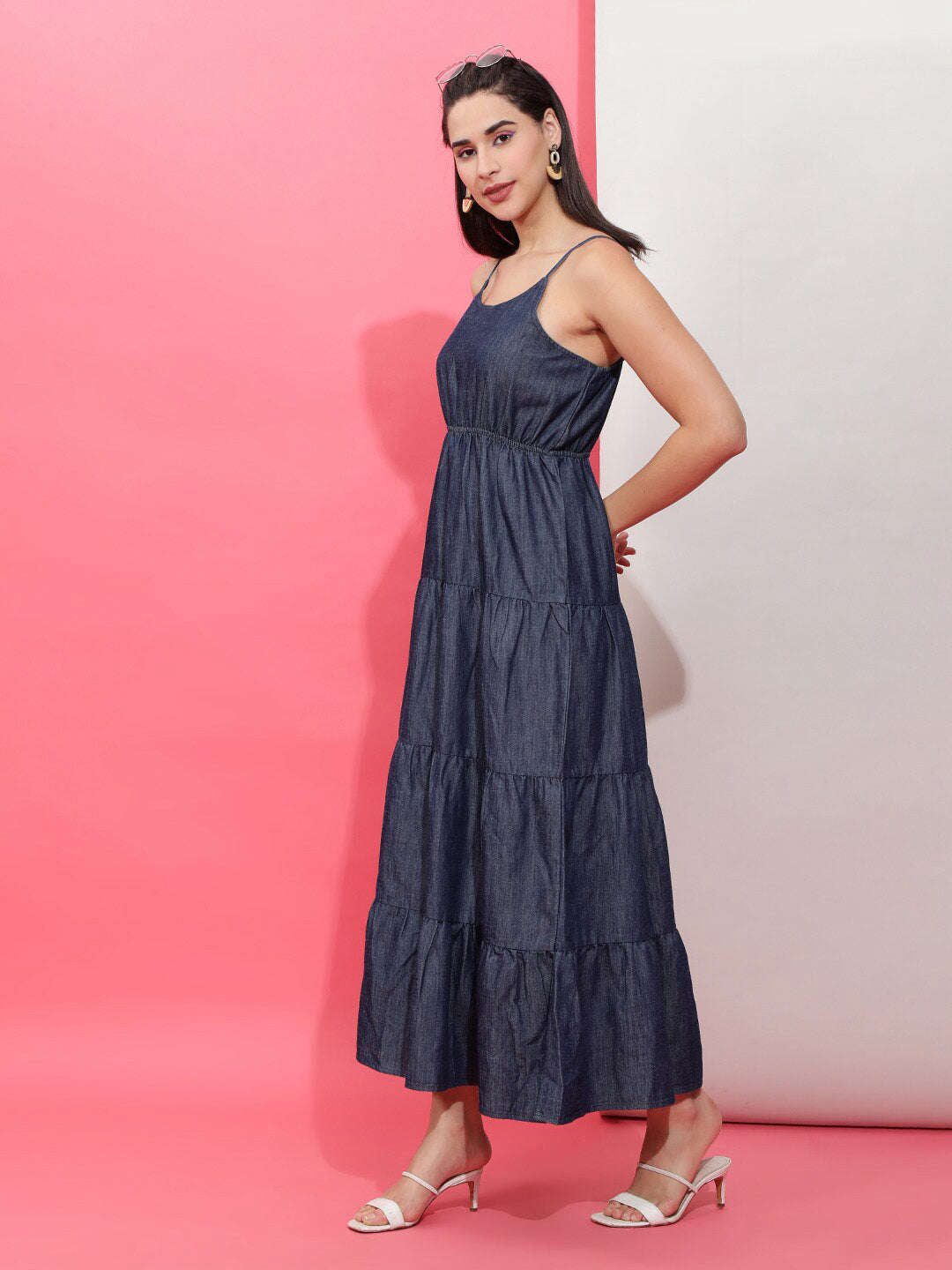 Freehand By The Indian Garage Co Women Tiered Denim Flare Dress
