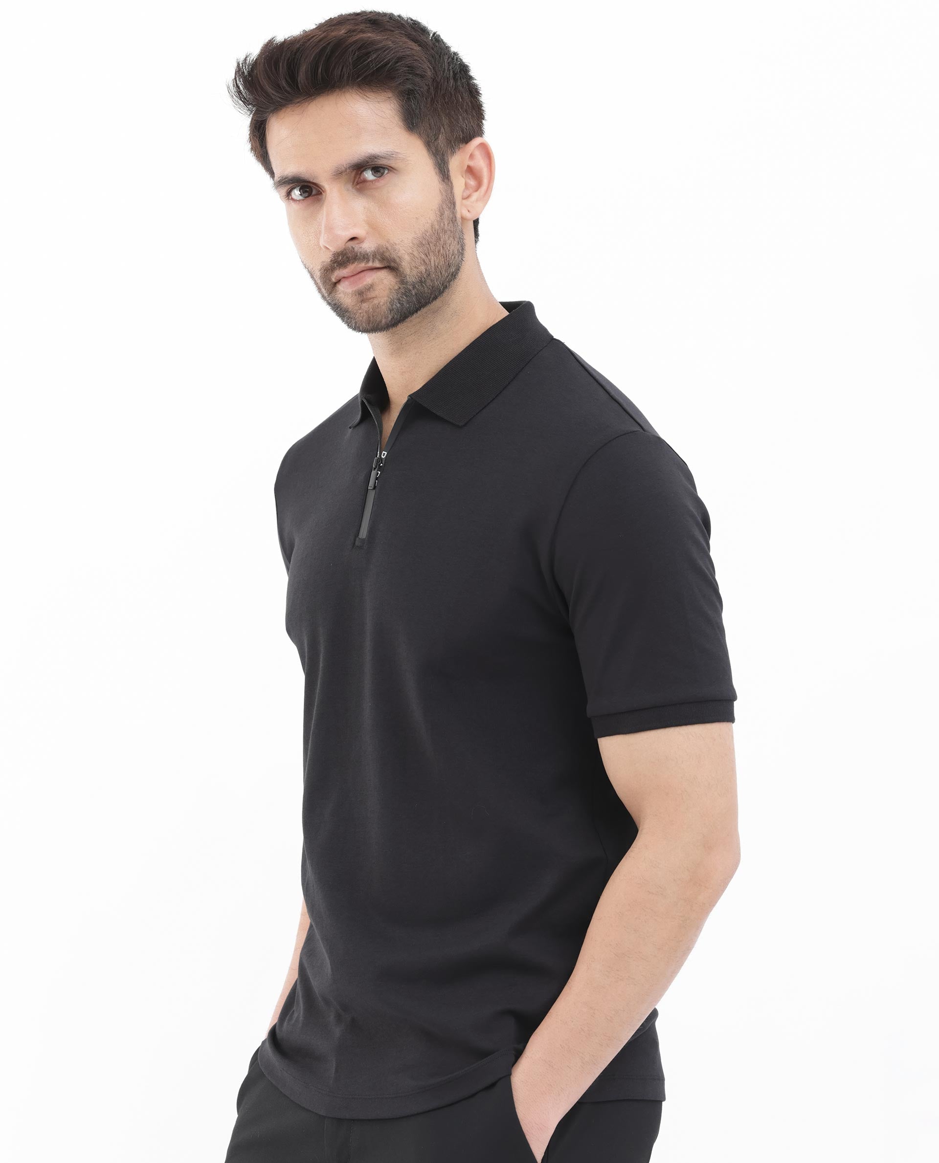 Rare Rabbit Men's Holit Black Half Sleeves Button Closure Solid Polo T-Shirt - view 3