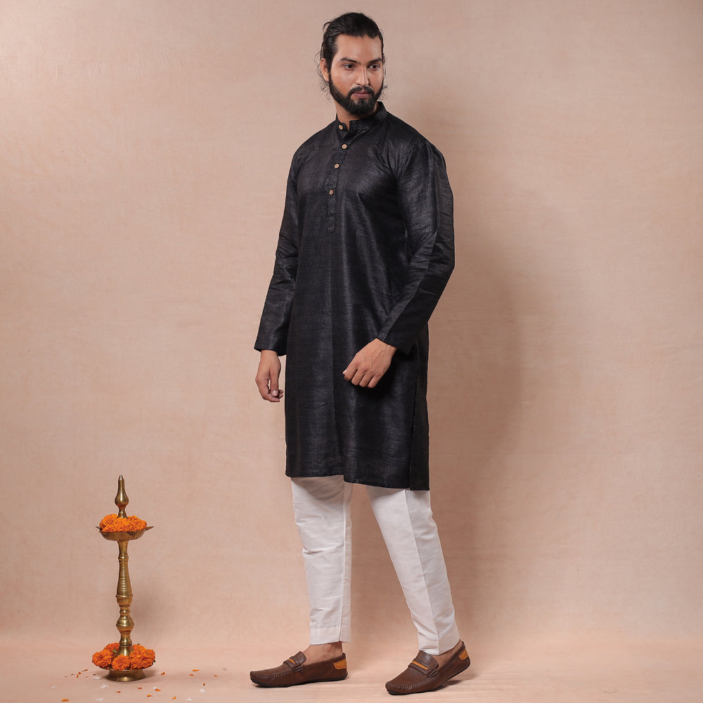 ITOKRI CASUALS Black - Men Tussar Ghicha Silk Handloom Long Kurta
