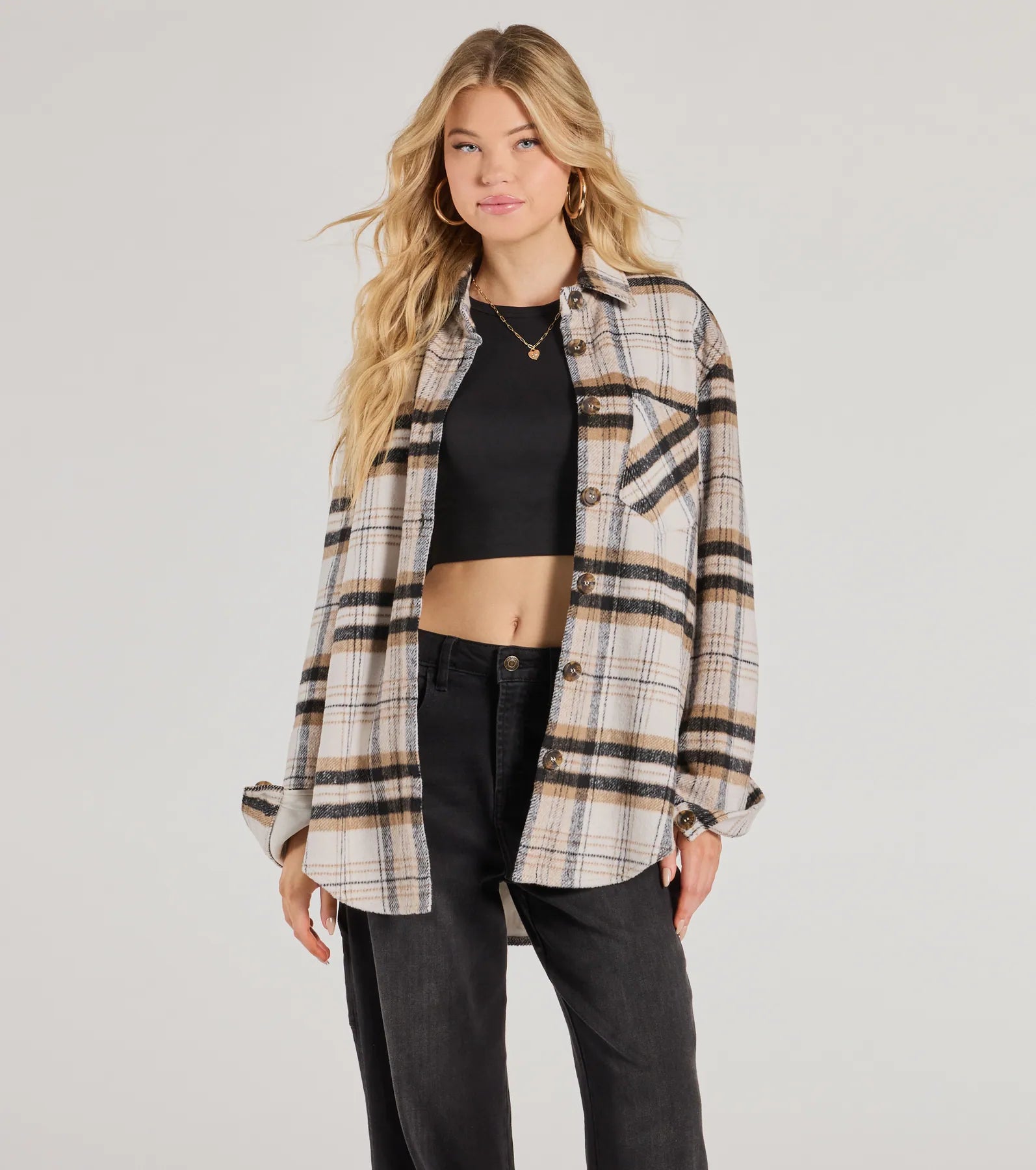 Windsor Cozy Layer Plaid Woven Shacket – IVORY