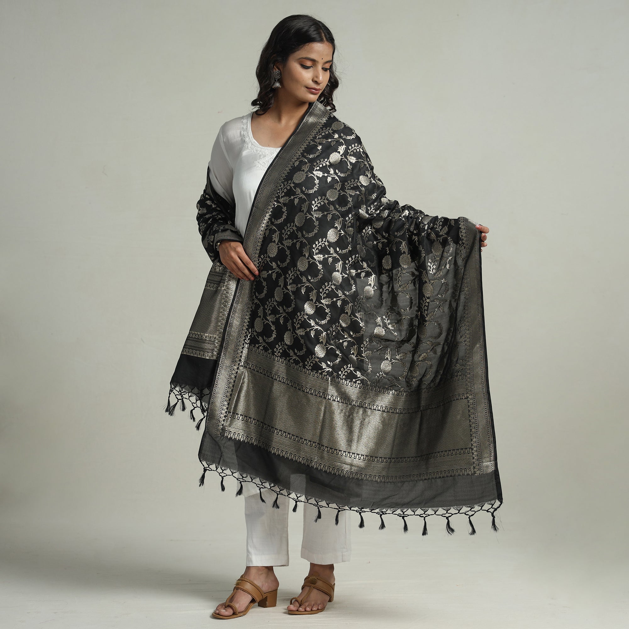 BANARASI BY MAQBUL HASAN Black - Banarasi Semi Silk Zari Jaal Dupatta with Tassels 71