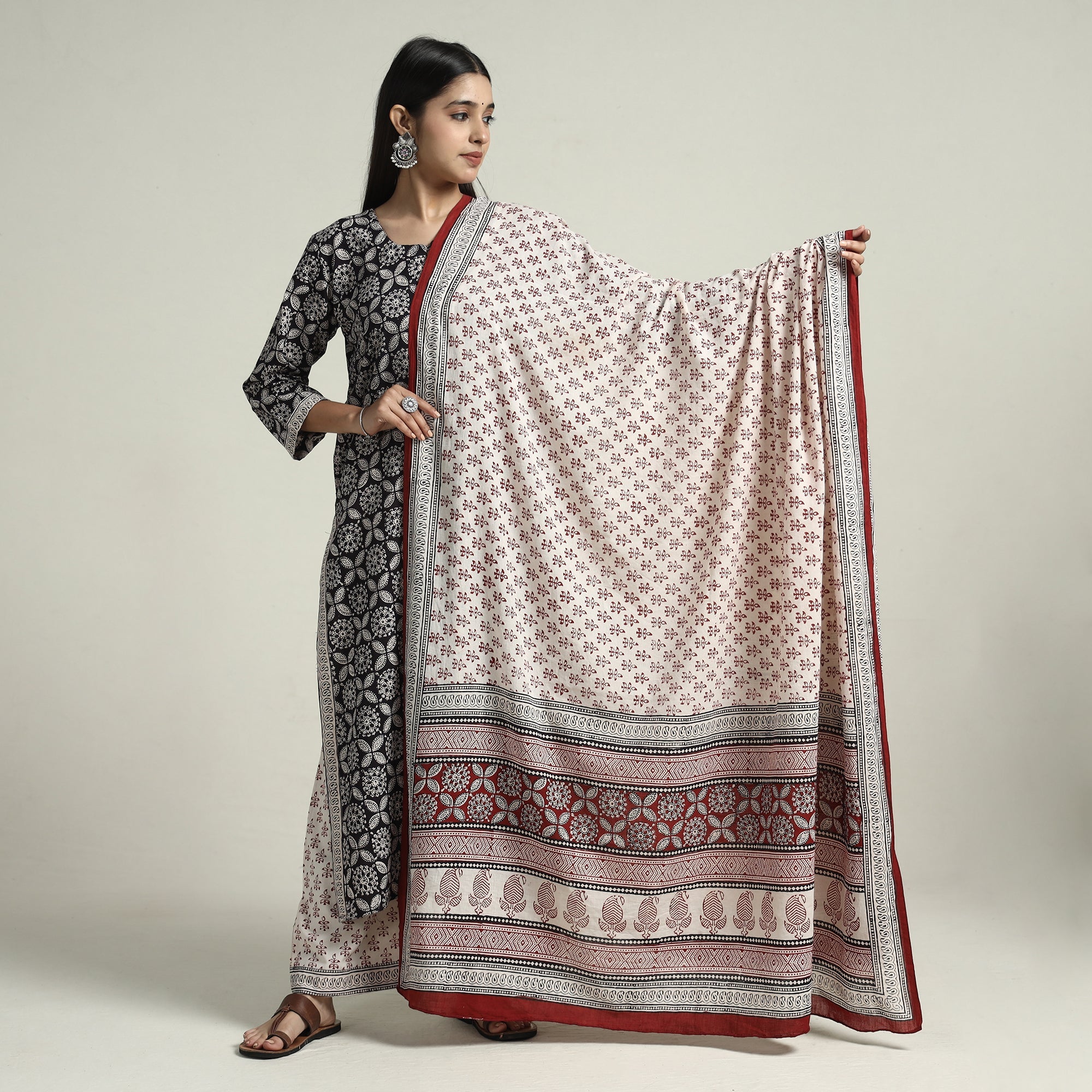 ITOKRI CASUALS Black - Bagh Block Printed Cotton Kurta with Palazzo & Dupatta Set 04