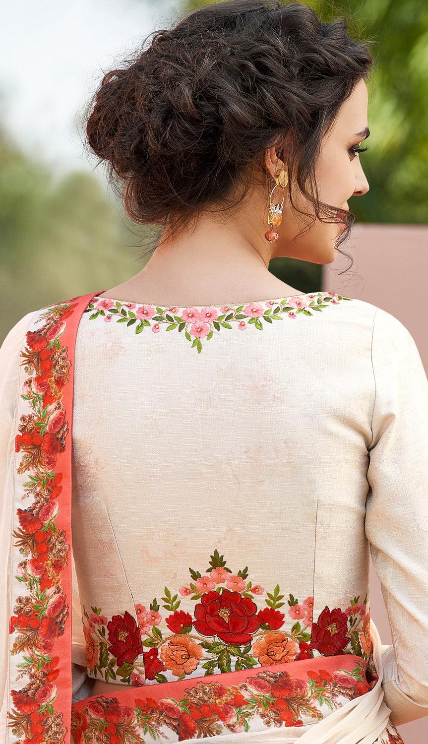Peachmode Dazzling Off-White Colored Designer Partywear Embroidered Silk Lehenga Choli - view 3