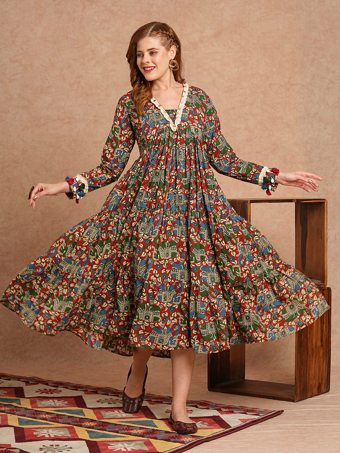 FASHOR Ethnic Animal Printed Embroidered A-Line Pleated Tiered Flared Midi Dress - Multi