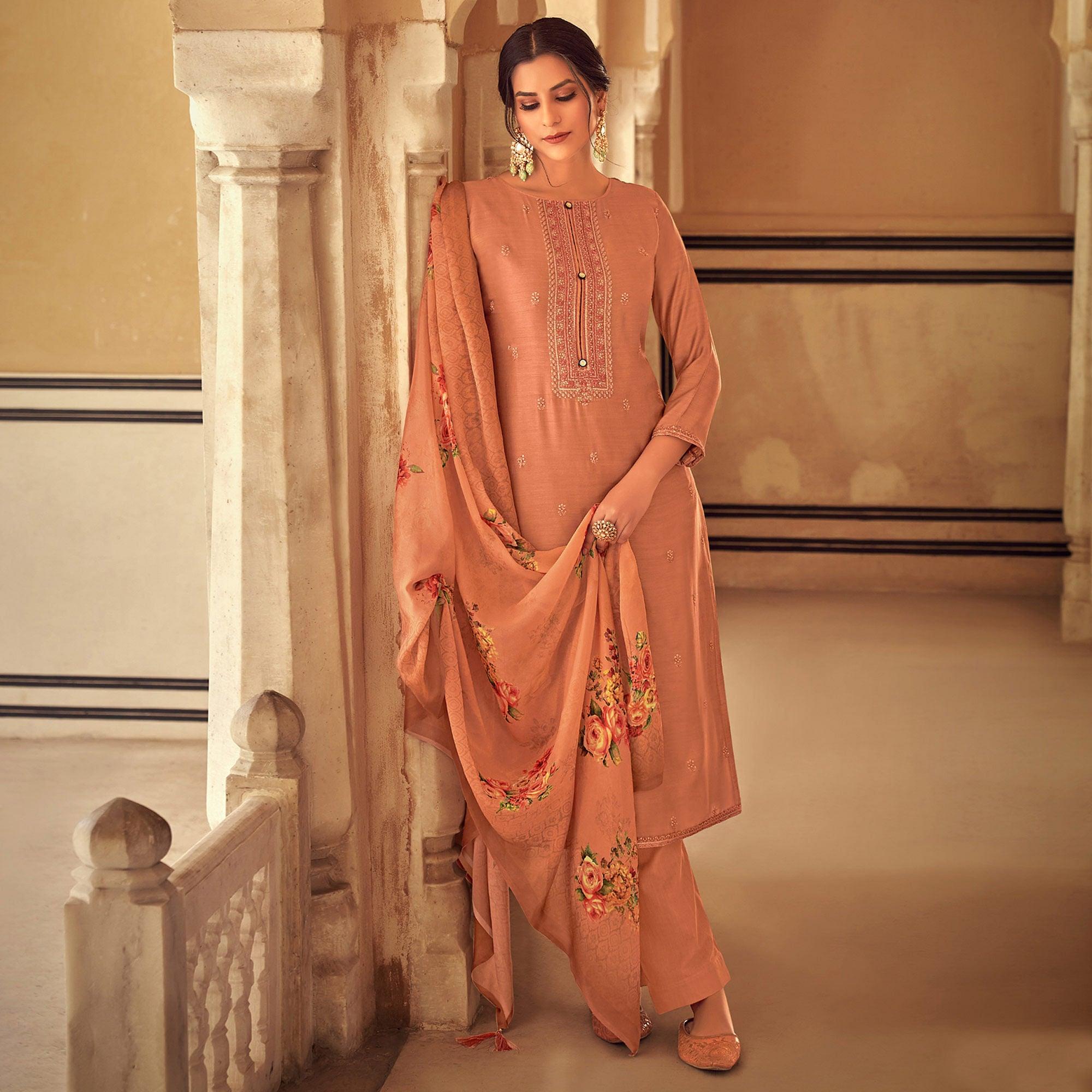 Peachmode Brown Partywear Embroidered Cotton Silk Suit - view 4