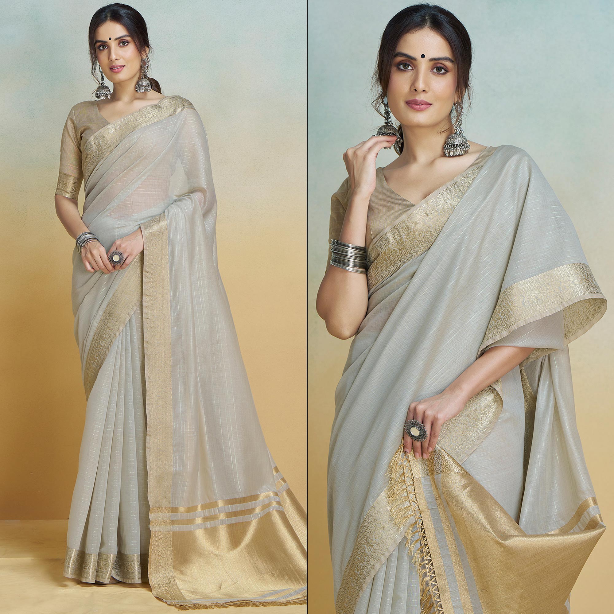 Peachmode Light Grey Woven Cotton Silk Saree With Tassels