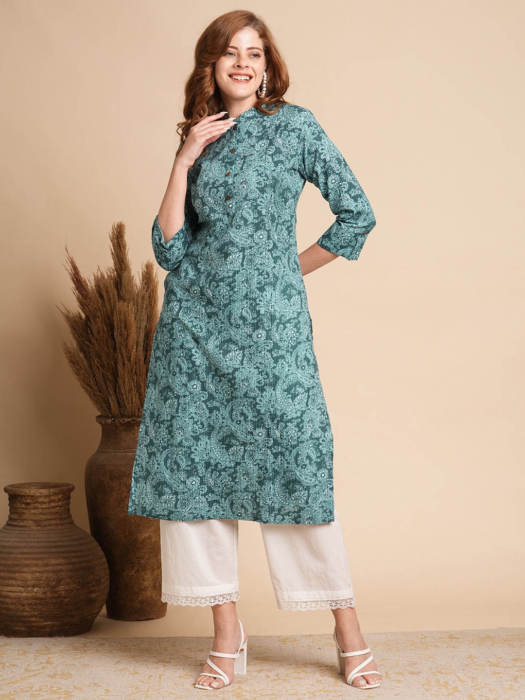 FASHOR Ethnic Floral Printed Straight Fit Kurta - Sea Green - view 3