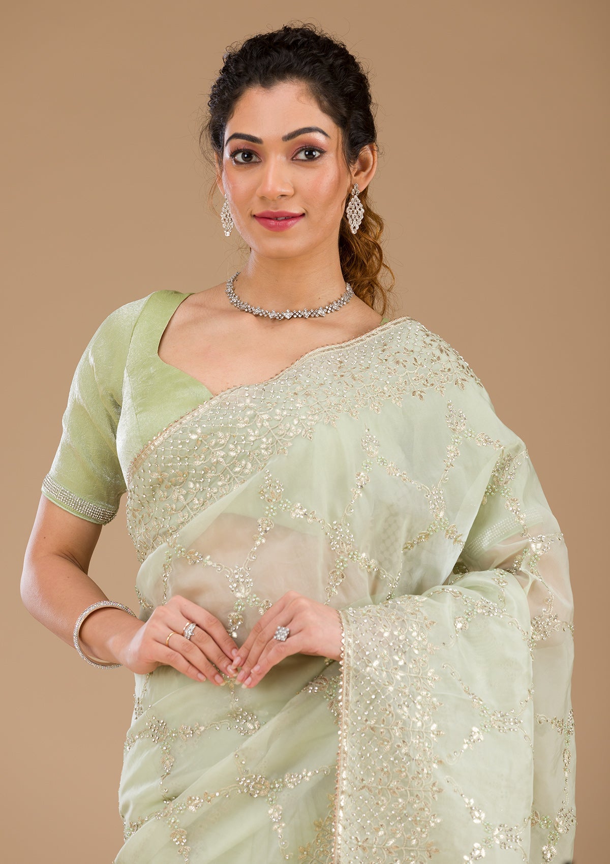 Koskii Pista Green Gotapatti Tissue Saree – Women's - view 6