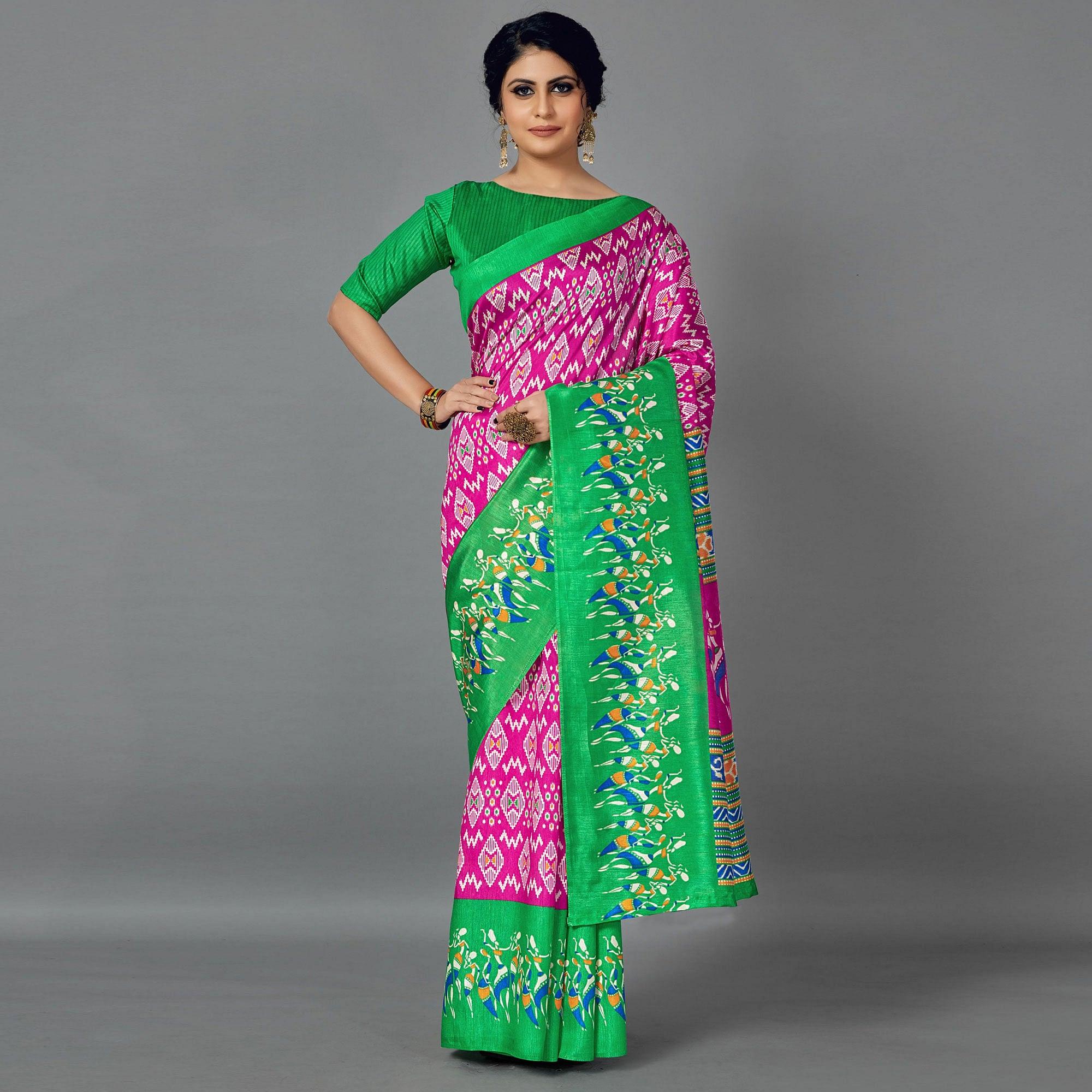 Peachmode Multi Casual Art Silk Printed Saree With Unstitched Blouse