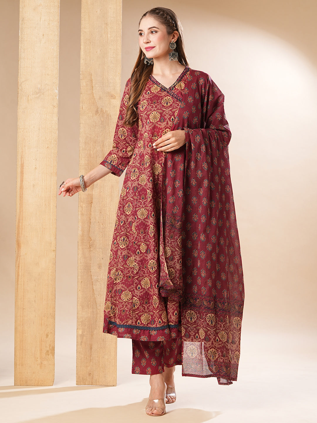 Fashor Floral Printed Resham & Sequins Embellished Anarkali with Pants & Dupatta - Dark Red