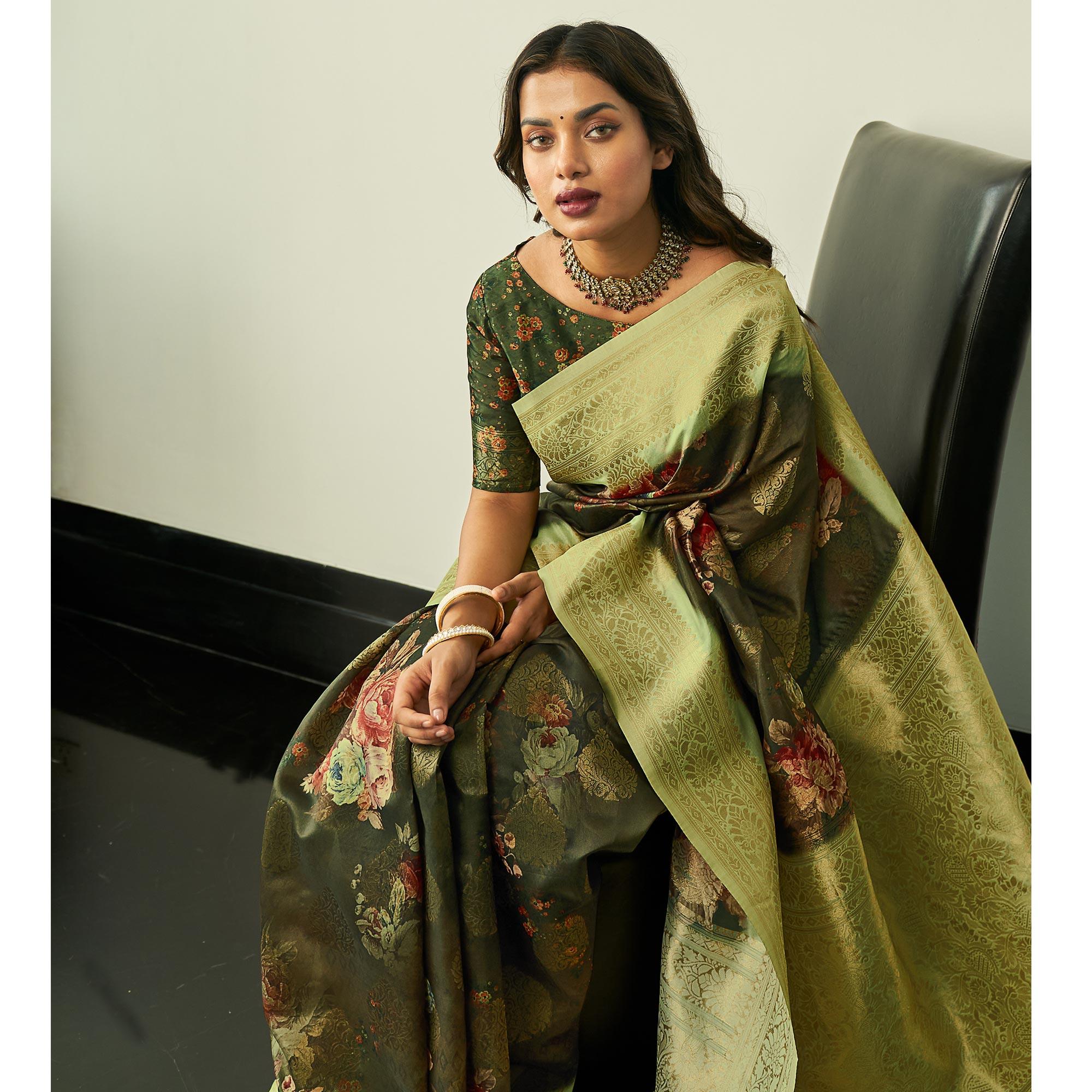 Peachmode Mehendi Green Festive Wear Floral Printed Silk Saree With Woven Border - view 2