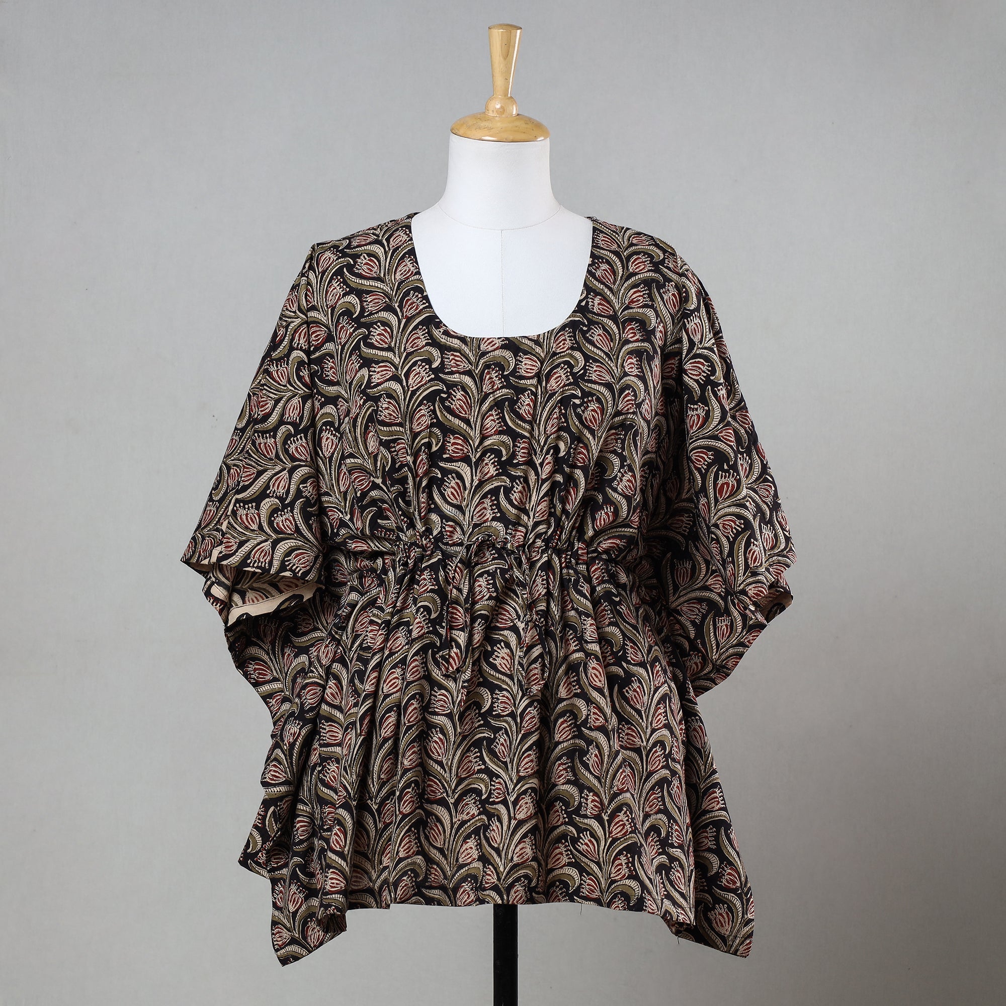 ITOKRI CASUALS Black - Bagru Block Printed Cotton Kaftan with Tie-Up Waist (Short)