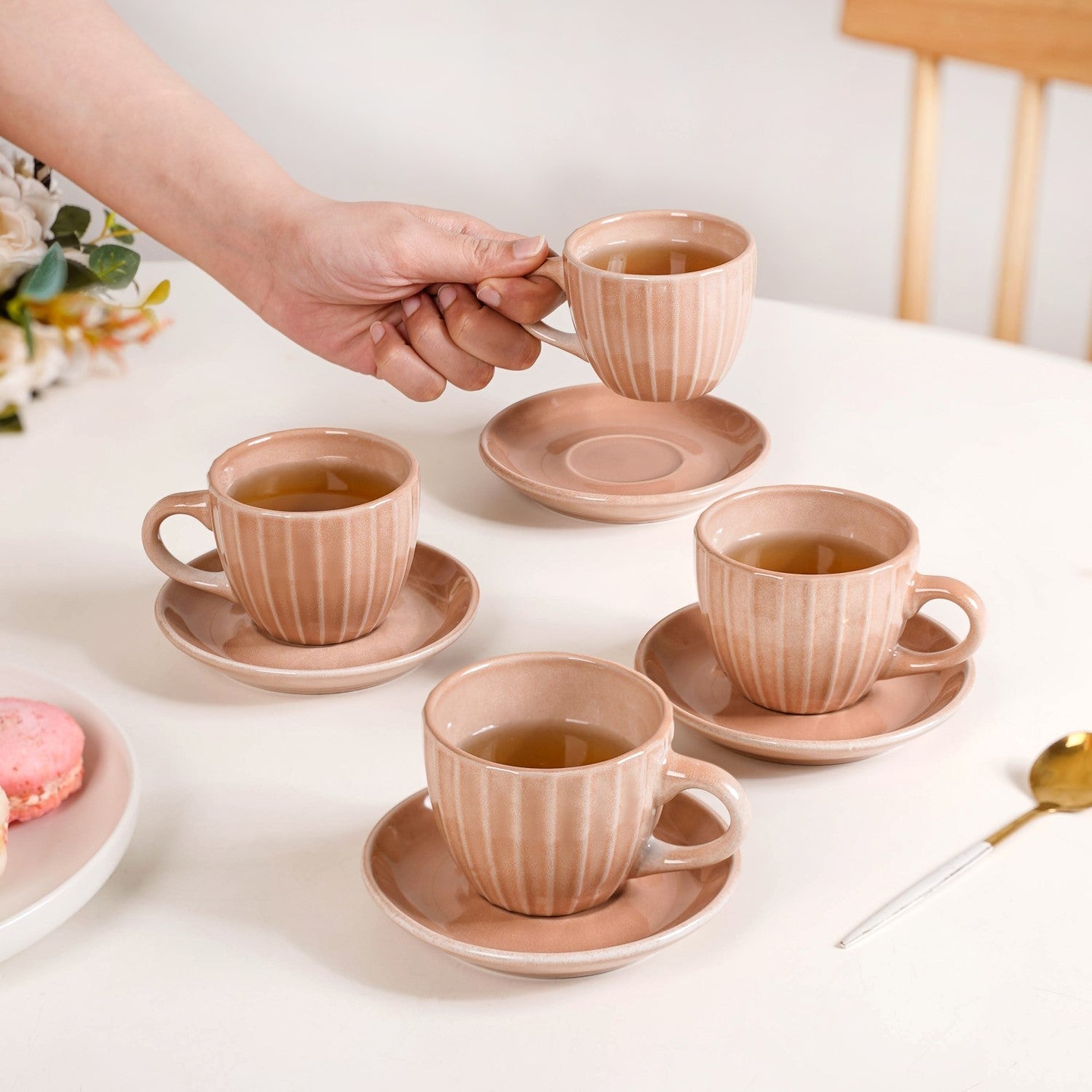 Nestasia Costola Ceramic Tea Cup And Saucer Set Of 4 Pink 125ml - view 2