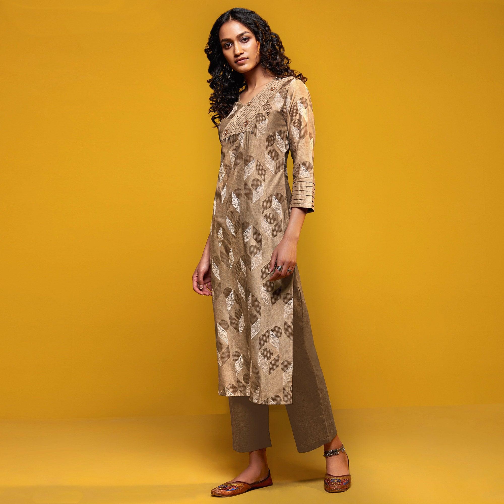 Peachmode Demanding Beige Colored Casual Printed Cotton Silk Kurti-Bottom Set