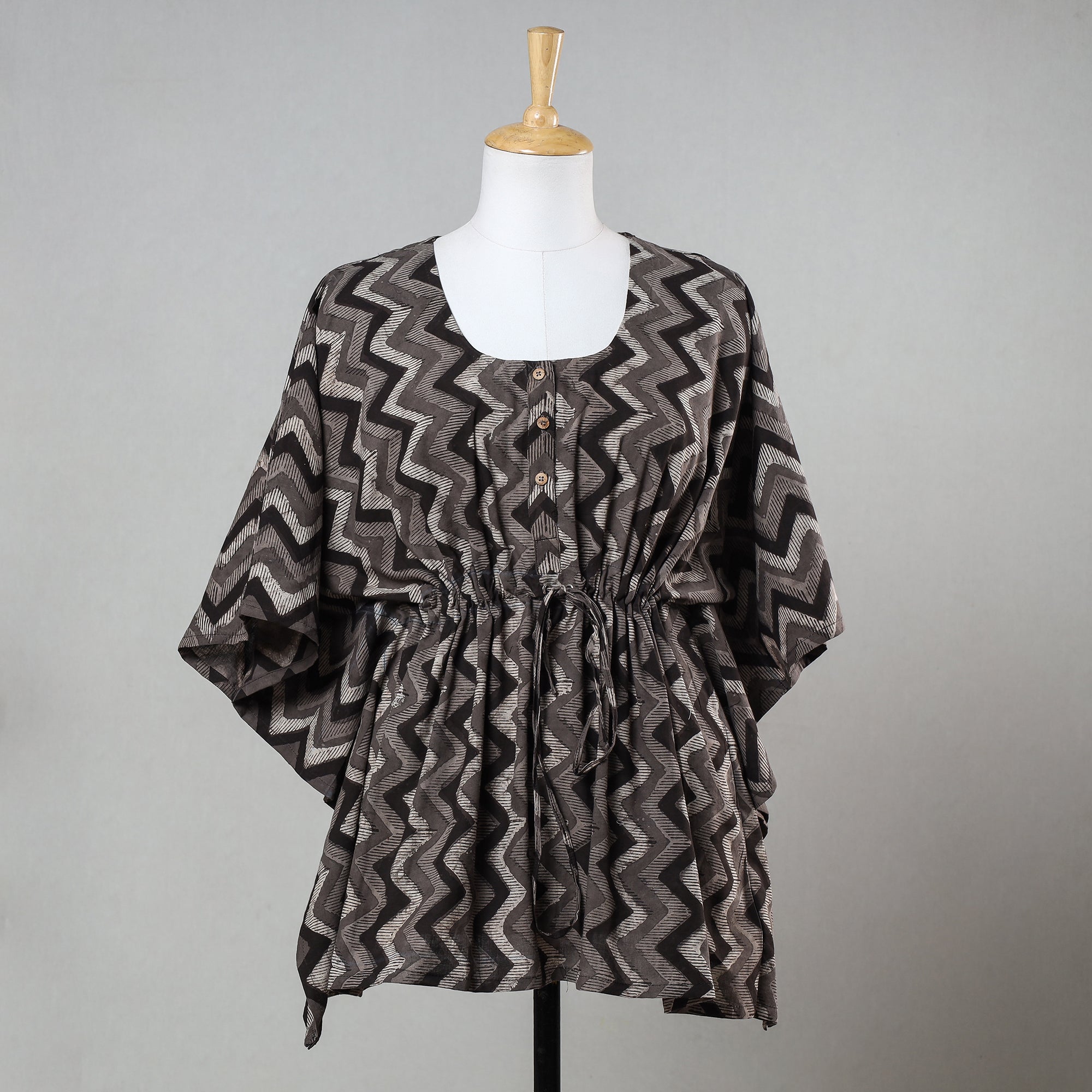 ITOKRI CASUALS Brown - Bagru Block Print Cotton Kaftan with Tie-Up Waist (Short)