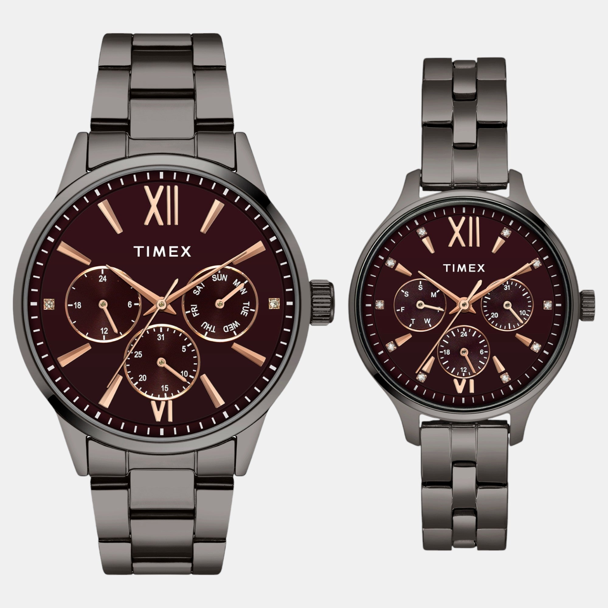 Timex Fashion Couple Quartz Burgundy Dial Multi-Function Stainless Steel Watch TW00PR314