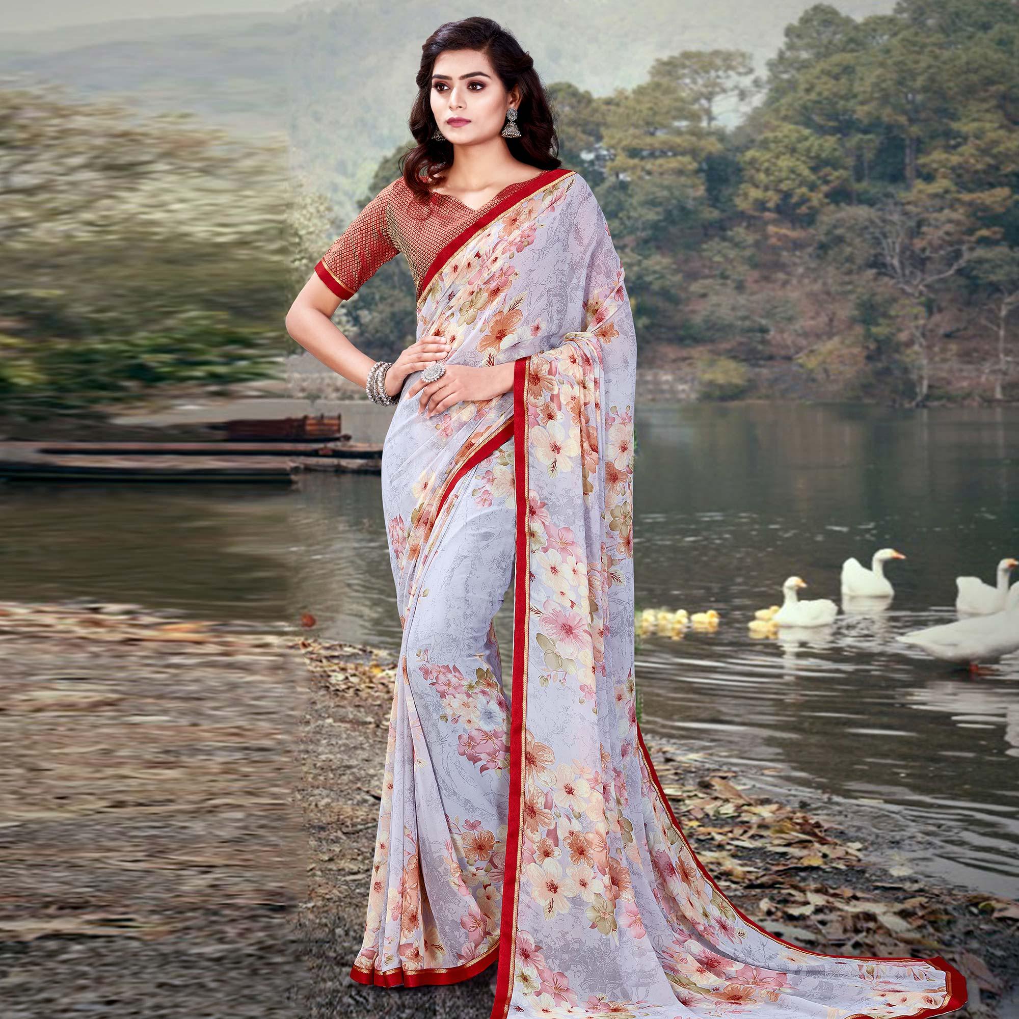 Peachmode Light Lavender Casual Wear Floral Printed With Lace Border Weightless Georgette Saree
