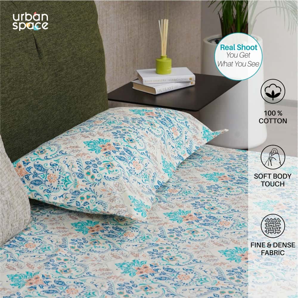 Urban Space -Home Furnishing Store Regal Collection - Breathable 200 TC 100% Pure Cotton Bedsheet with Pillow Cover, Mughal Garden - Blue - view 2