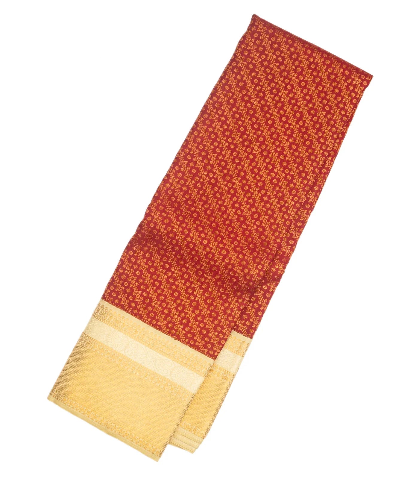 RmKV Crimson Handloom Kanchipuram Korvai Silk Saree With Floral Stripes