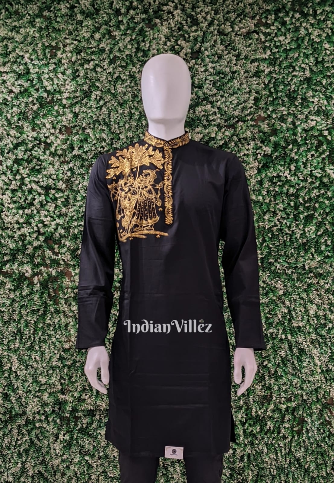 IndianVillèz Black Radha Krishna Hand-Painted Pattachitra Kurta