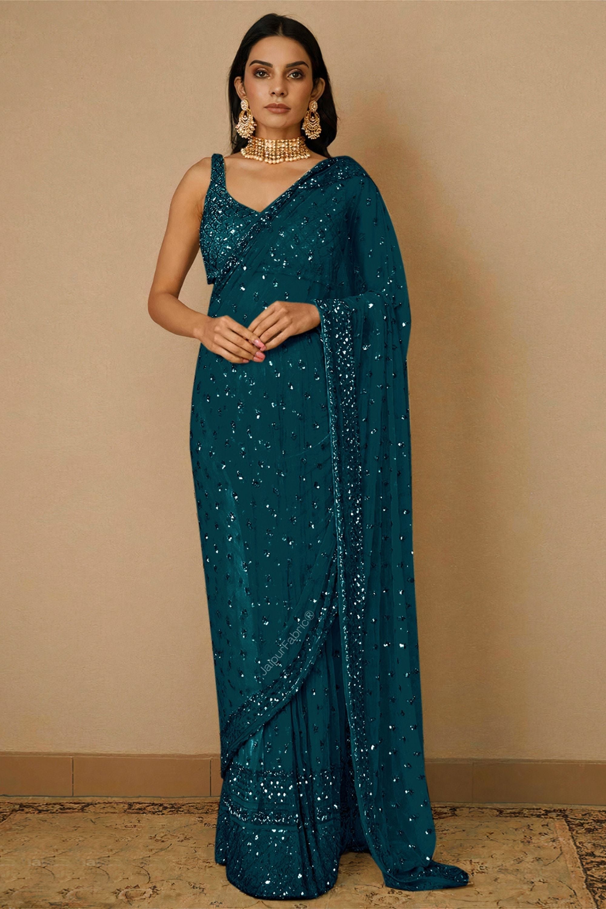 JaipurFabric® Blue Sequins Embellished Saree In Net - view 2