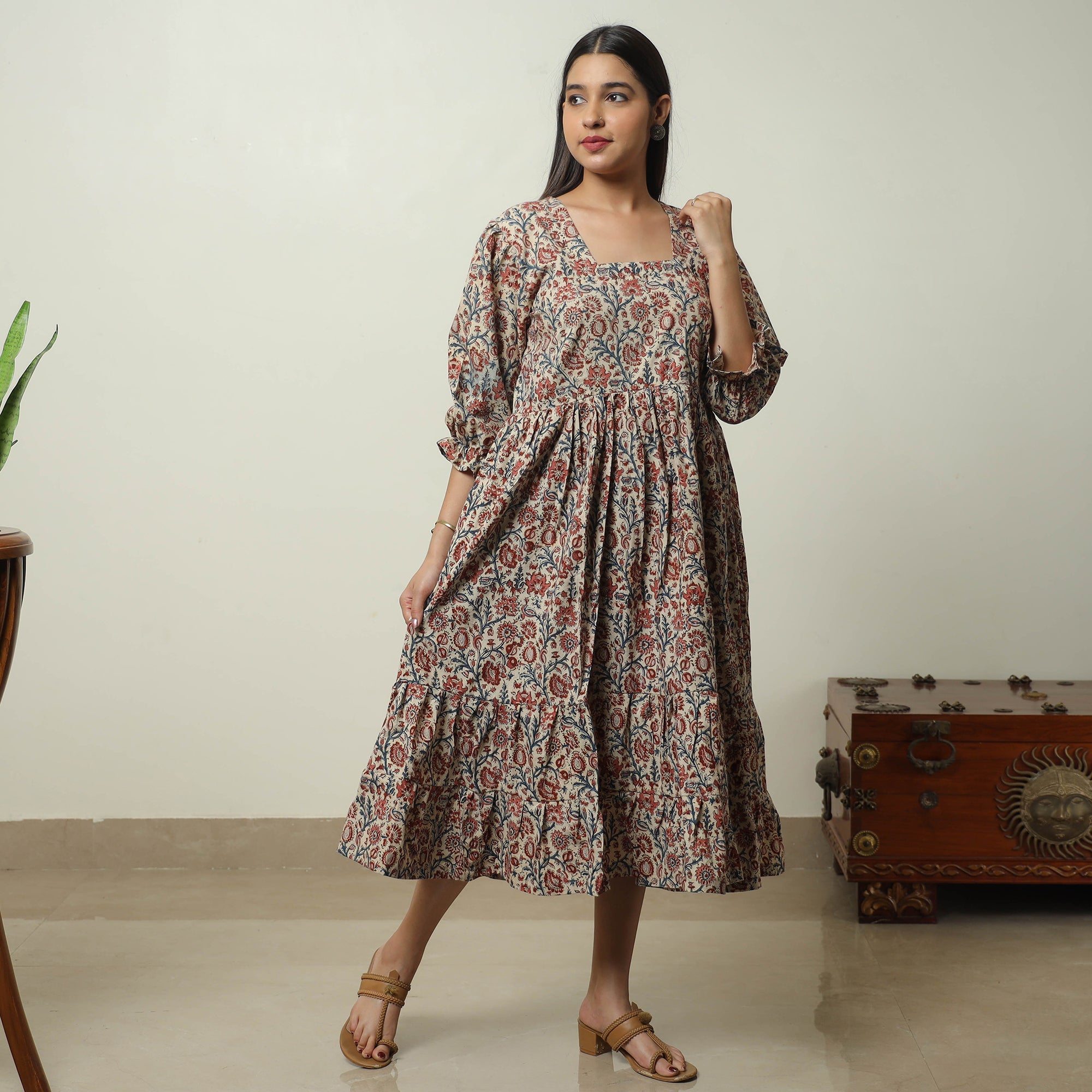 ITOKRI CASUALS Beige - Pedana Kalamkari Block Printed Cotton Tiered Dress 07 - view 2