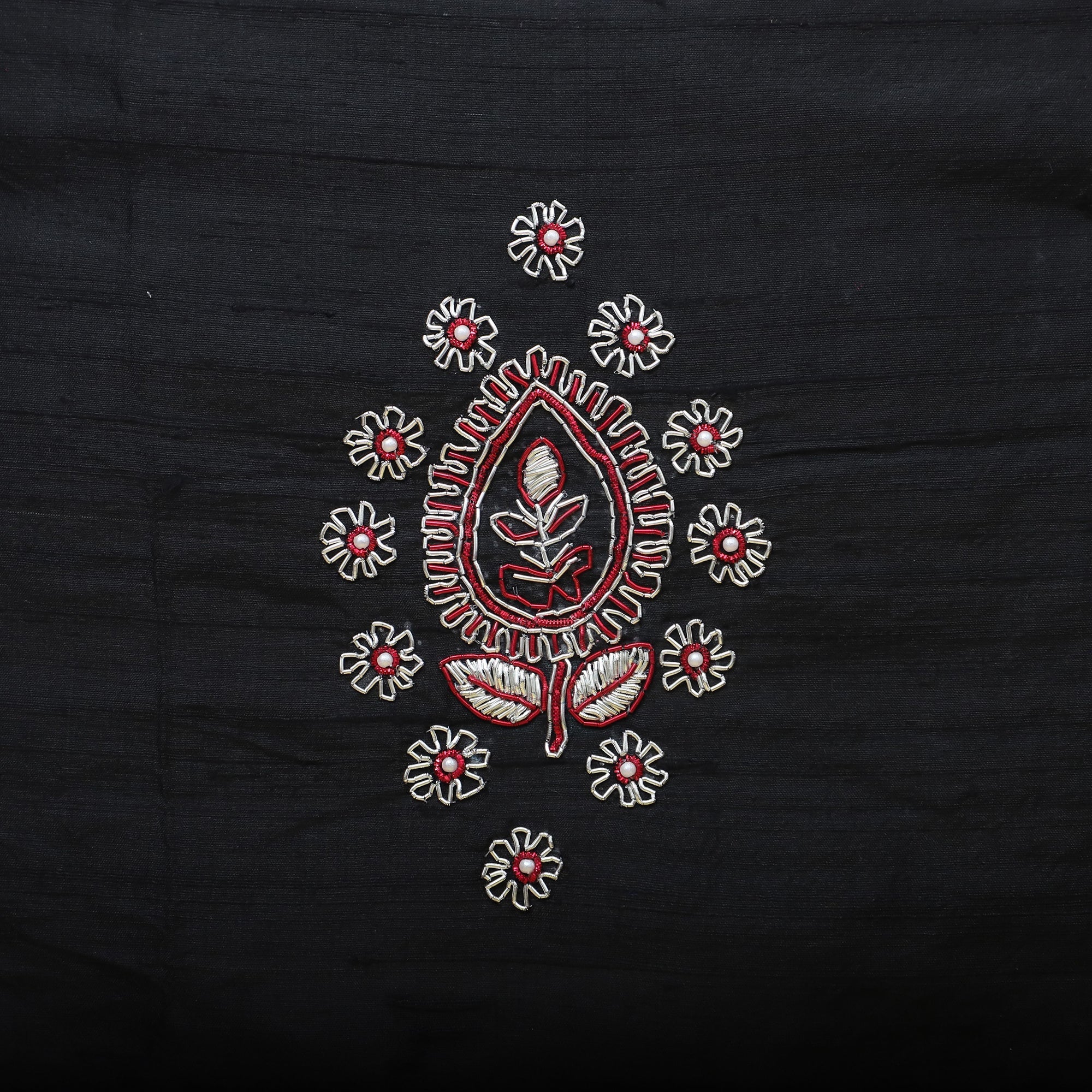 TICS Black - Leaf Butas - Zardozi Hand Embroidered Raw Silk Cushion Cover - view 3