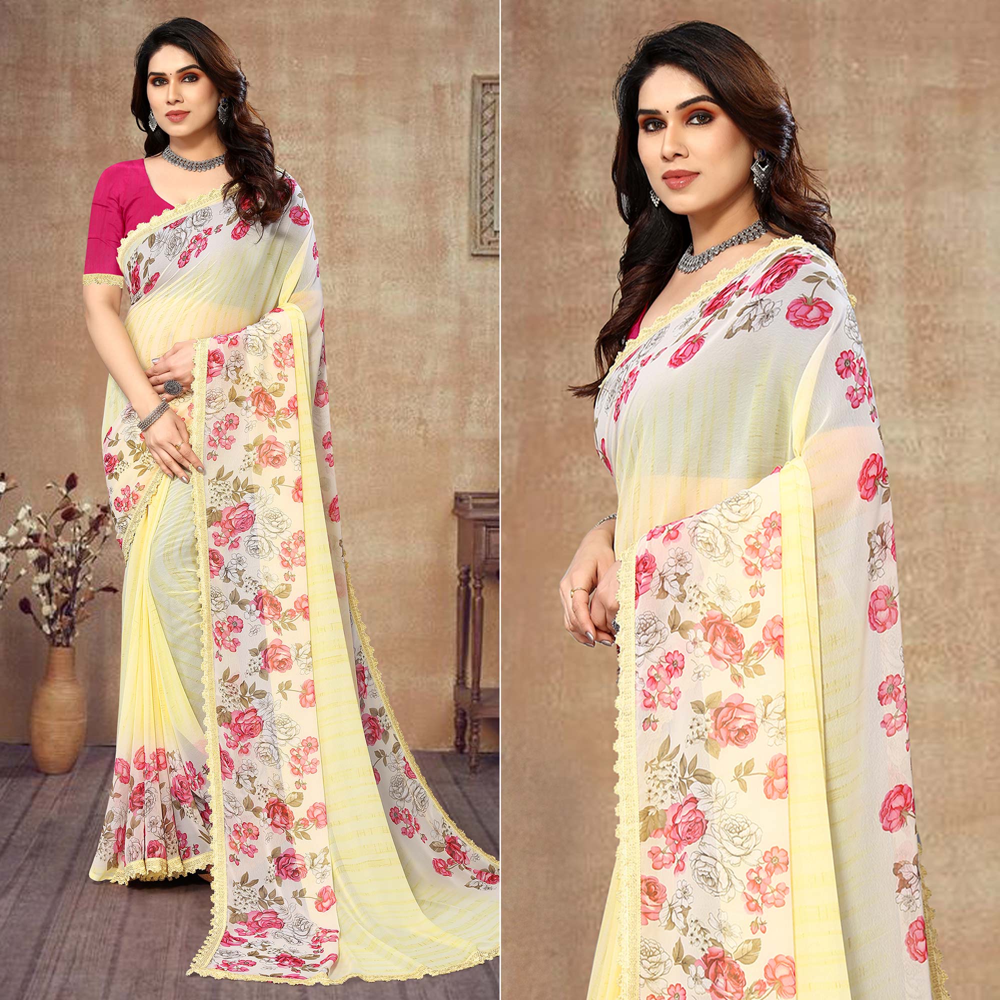 Peachmode Light Yellow Floral Printed Georgette Saree With Lace Border