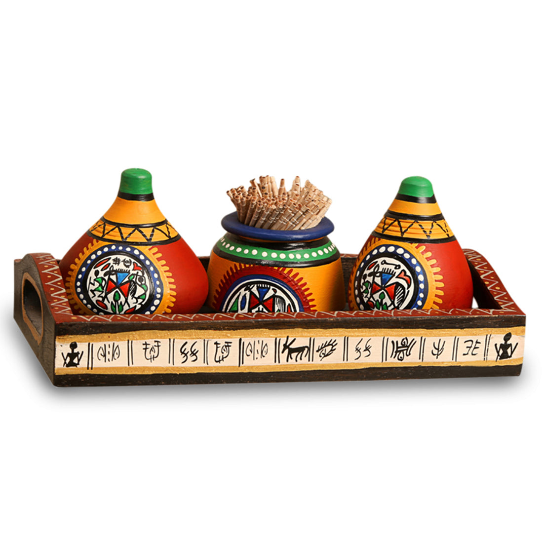 EXCLUSIVELANE 'Matkis On The Table' Terracotta Warli Salt & Pepper Shaker With Toothpick Holder & Wooden Tray - view 3