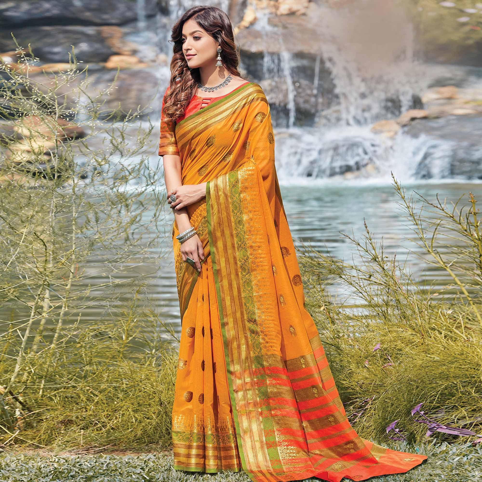 Peachmode Jazzy Yellow Colored Festive Wear Woven Cotton Saree