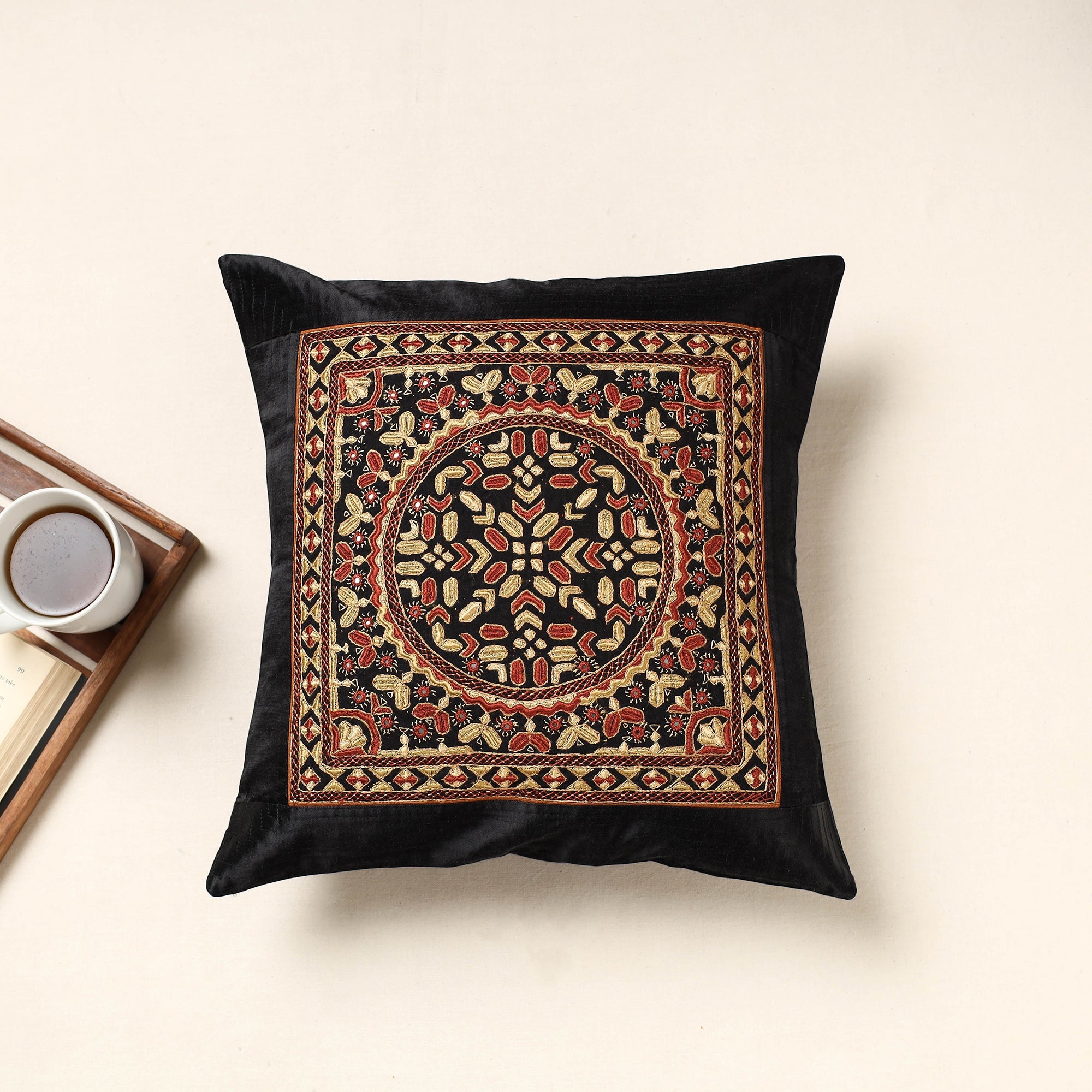 QASAB Black - Kutch Pakko Hand Embroidery Mashru Silk Cushion Cover (16 x 16 in)
