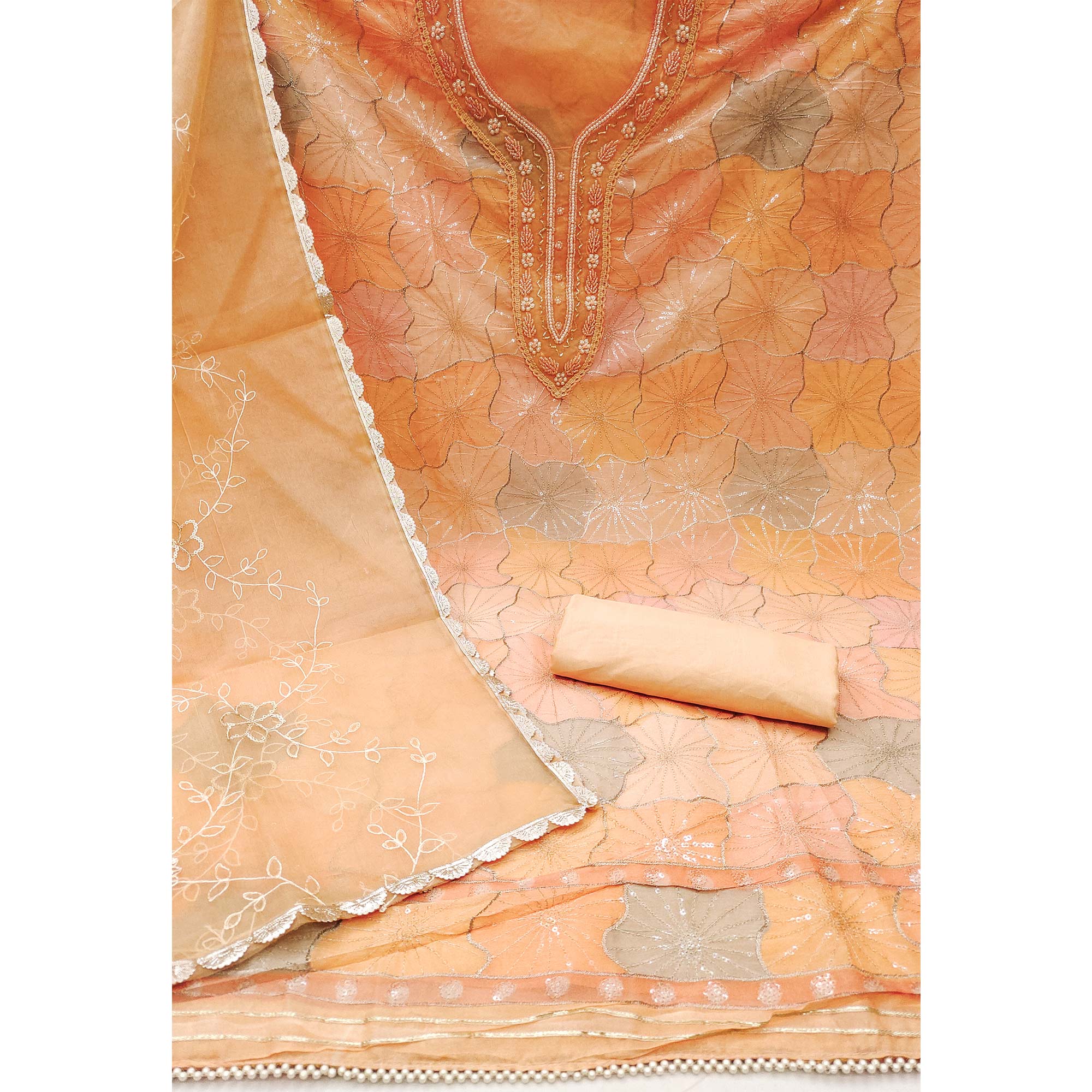 Peachmode Light Peach Sequins Embroidered With Handwork Organza Dress Material - view 3
