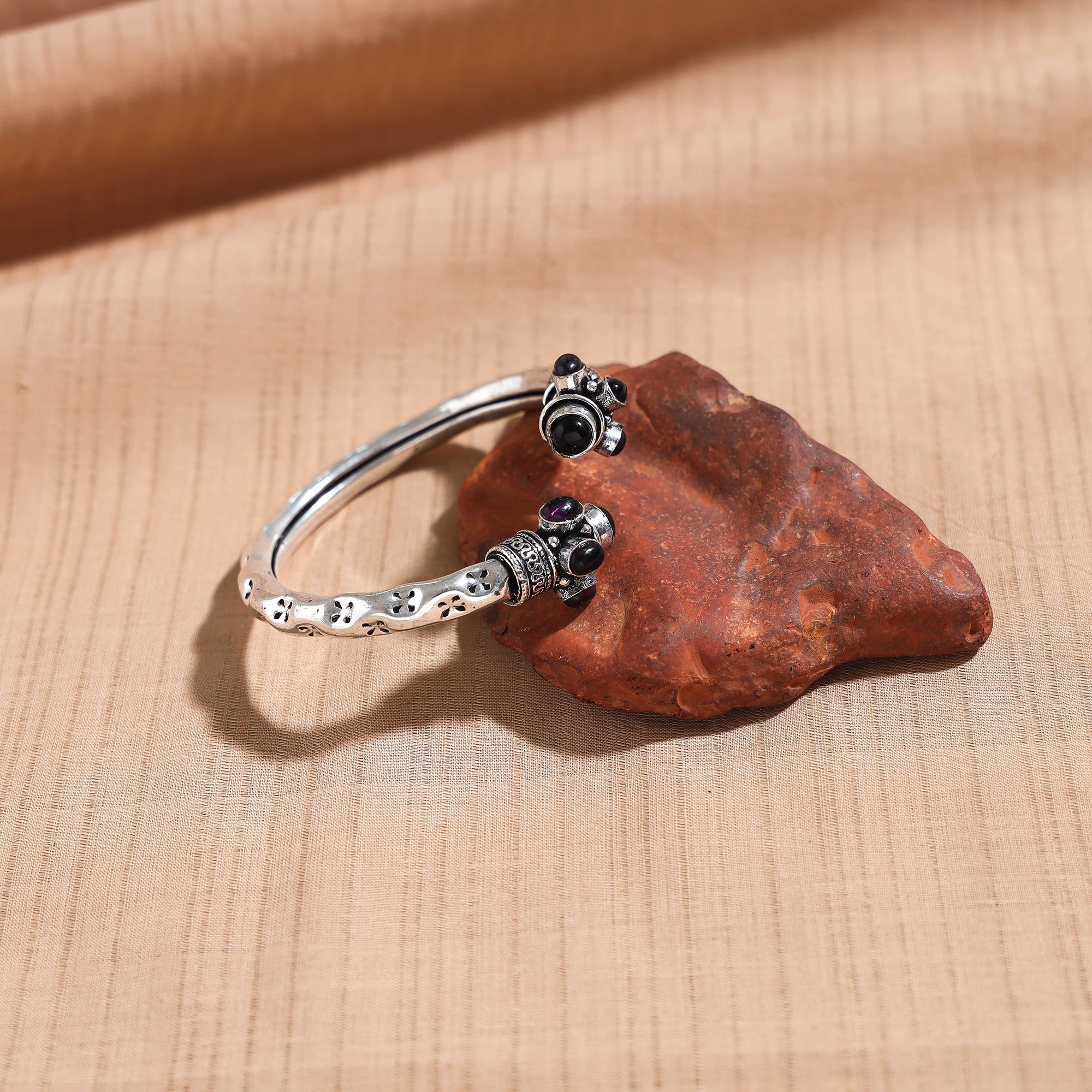 WHITE RIVER STORIES Antique Finish Oxidised German Silver Stone Bangle / Kada (Adjustable)