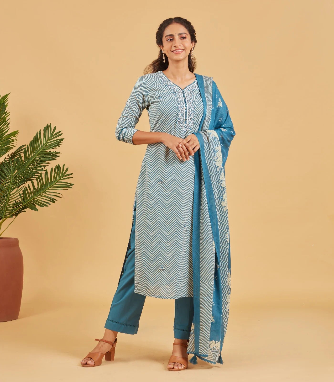 RmKV Classic Blue Cotton Kurta Set With Matching Dupatta