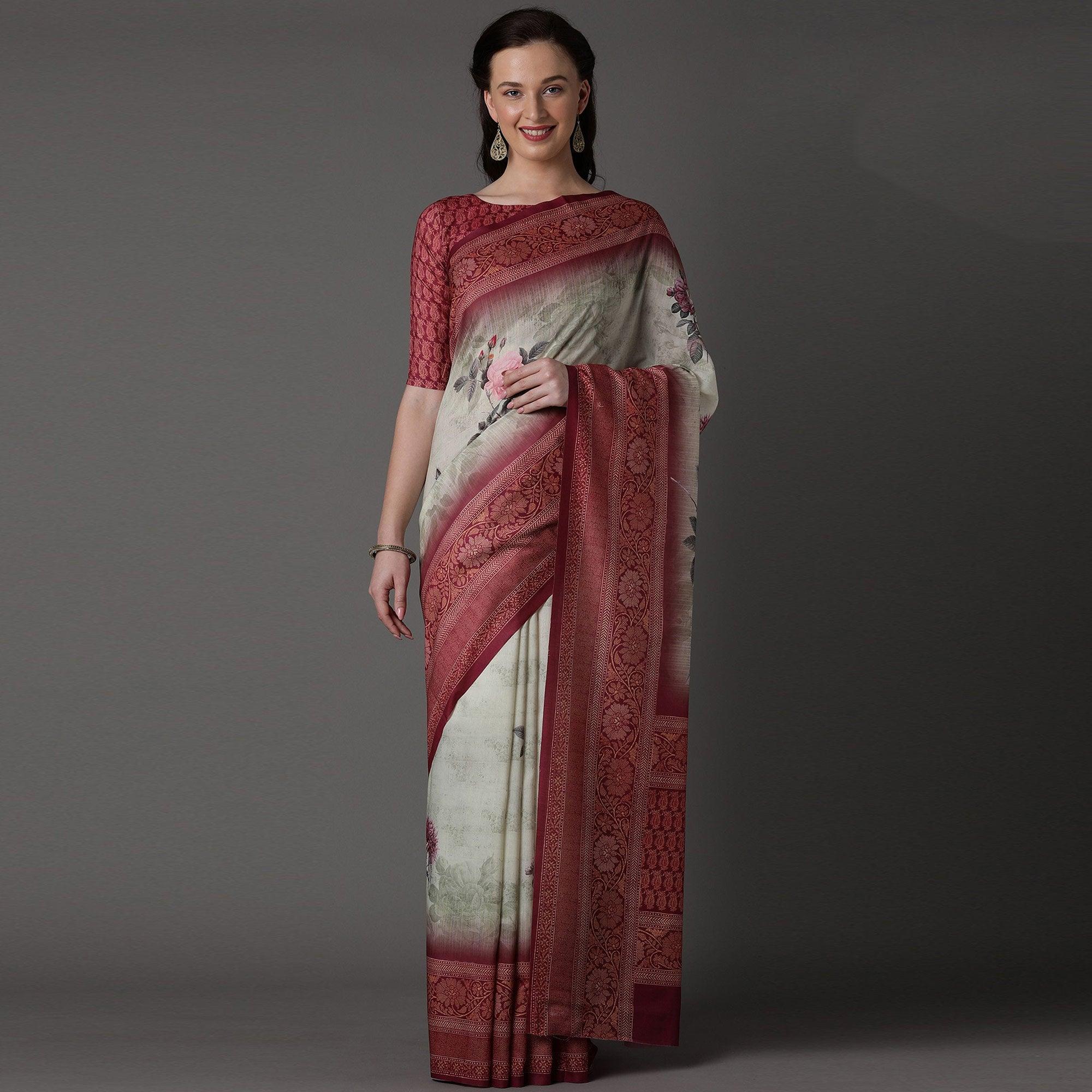 Peachmode Light Green Casual Cotton Silk Printed Saree With Unstitched Blouse